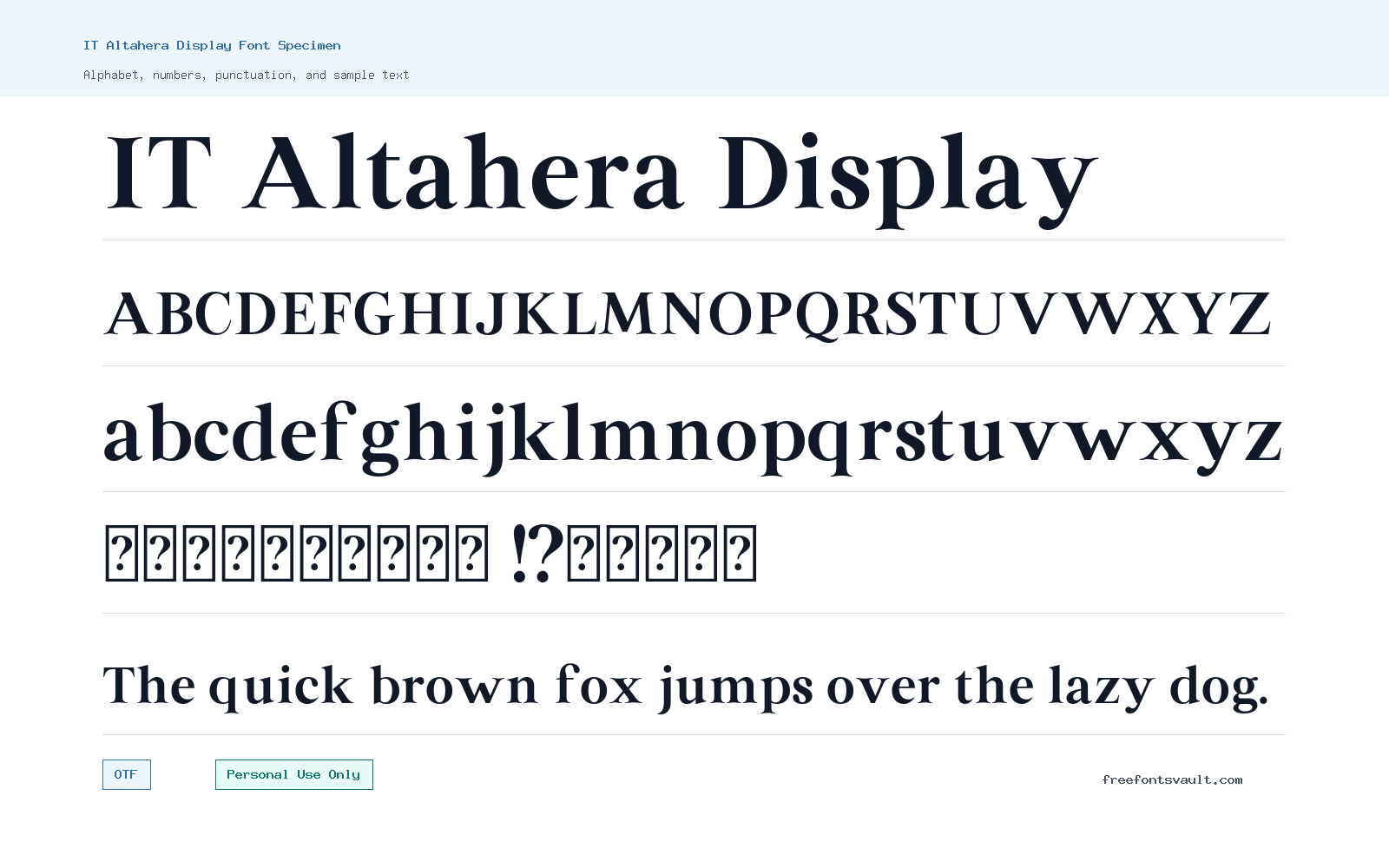 IT Altahera Display font specimen showing alphabet, numbers, and sample text