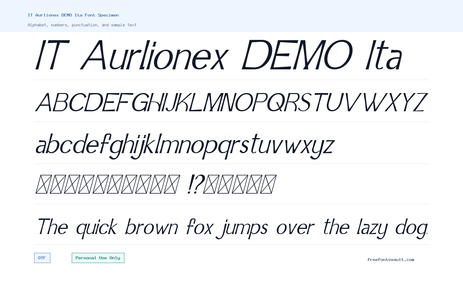 IT Aurlionex DEMO Ita font specimen showing alphabet, numbers, and sample text