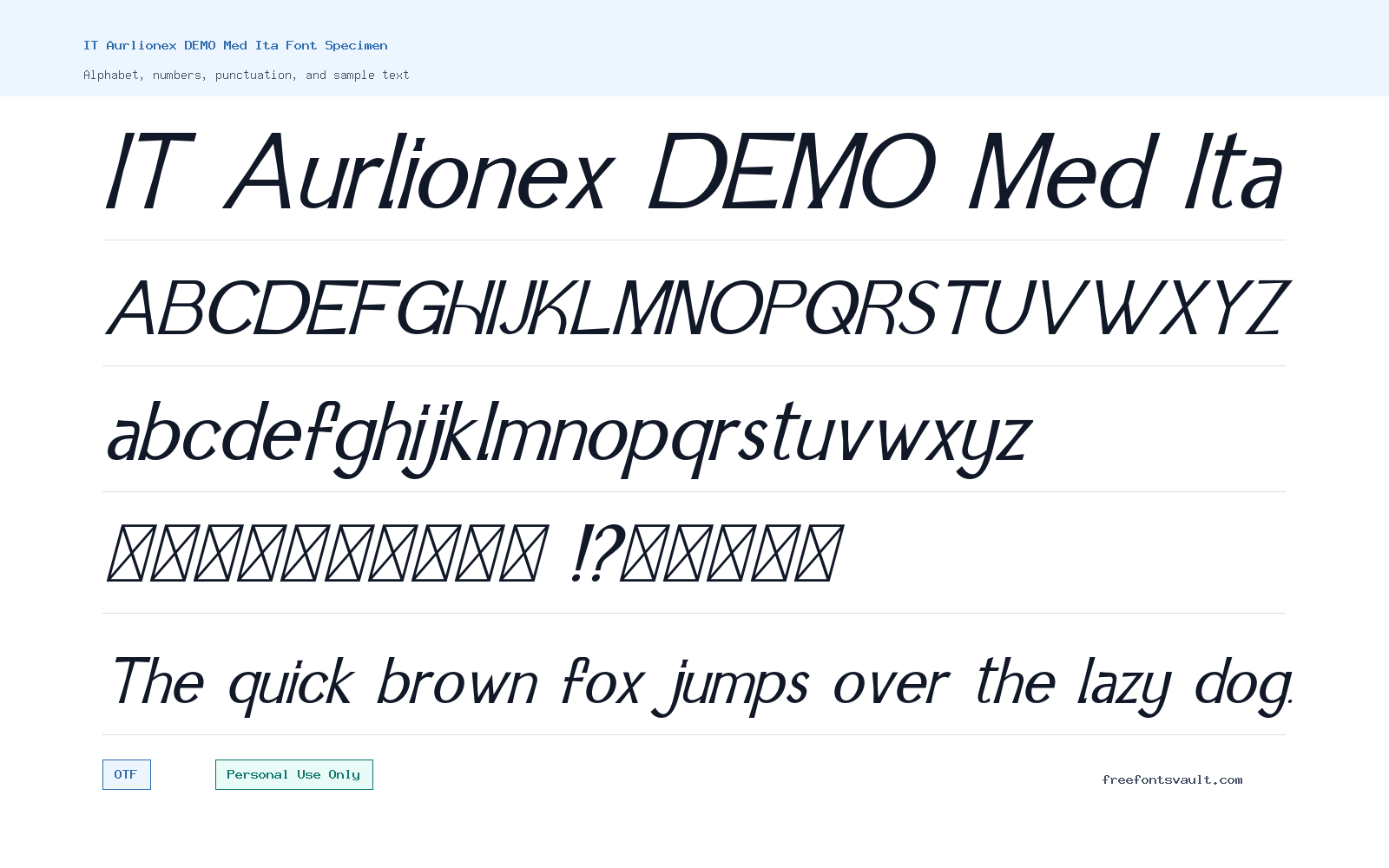 IT Aurlionex DEMO Med Ita font specimen showing alphabet, numbers, and sample text