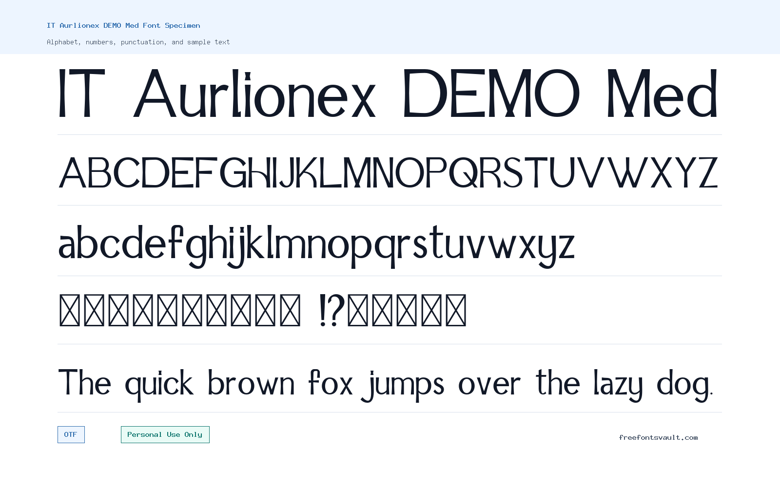 IT Aurlionex DEMO Med font specimen showing alphabet, numbers, and sample text