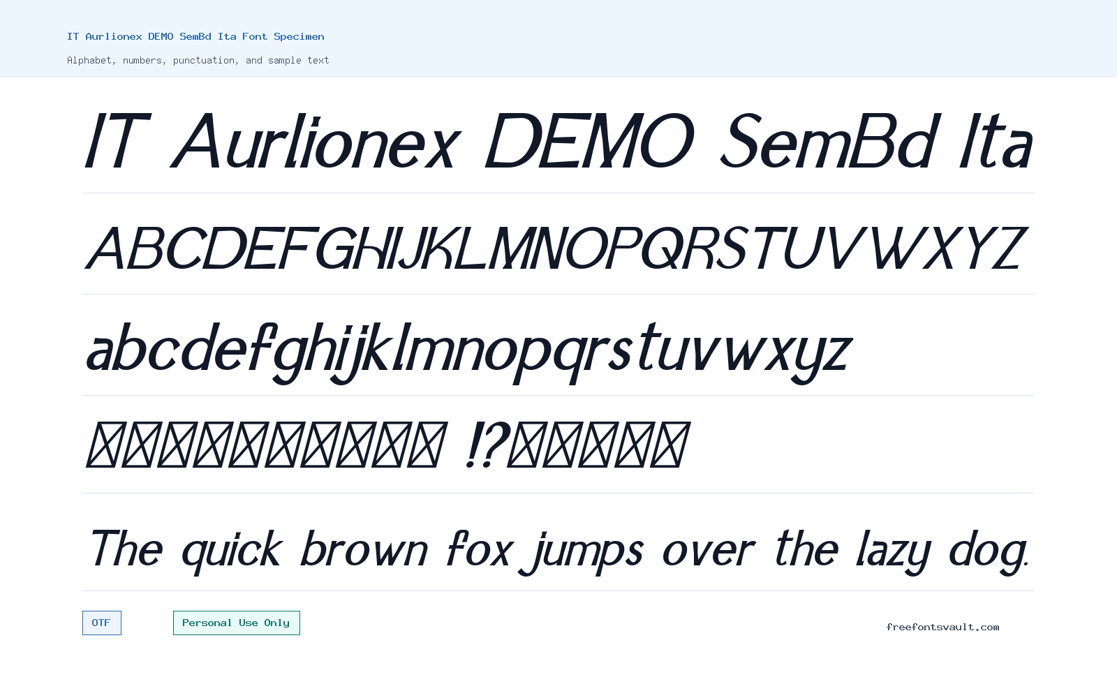 IT Aurlionex DEMO SemBd Ita font specimen showing alphabet, numbers, and sample text