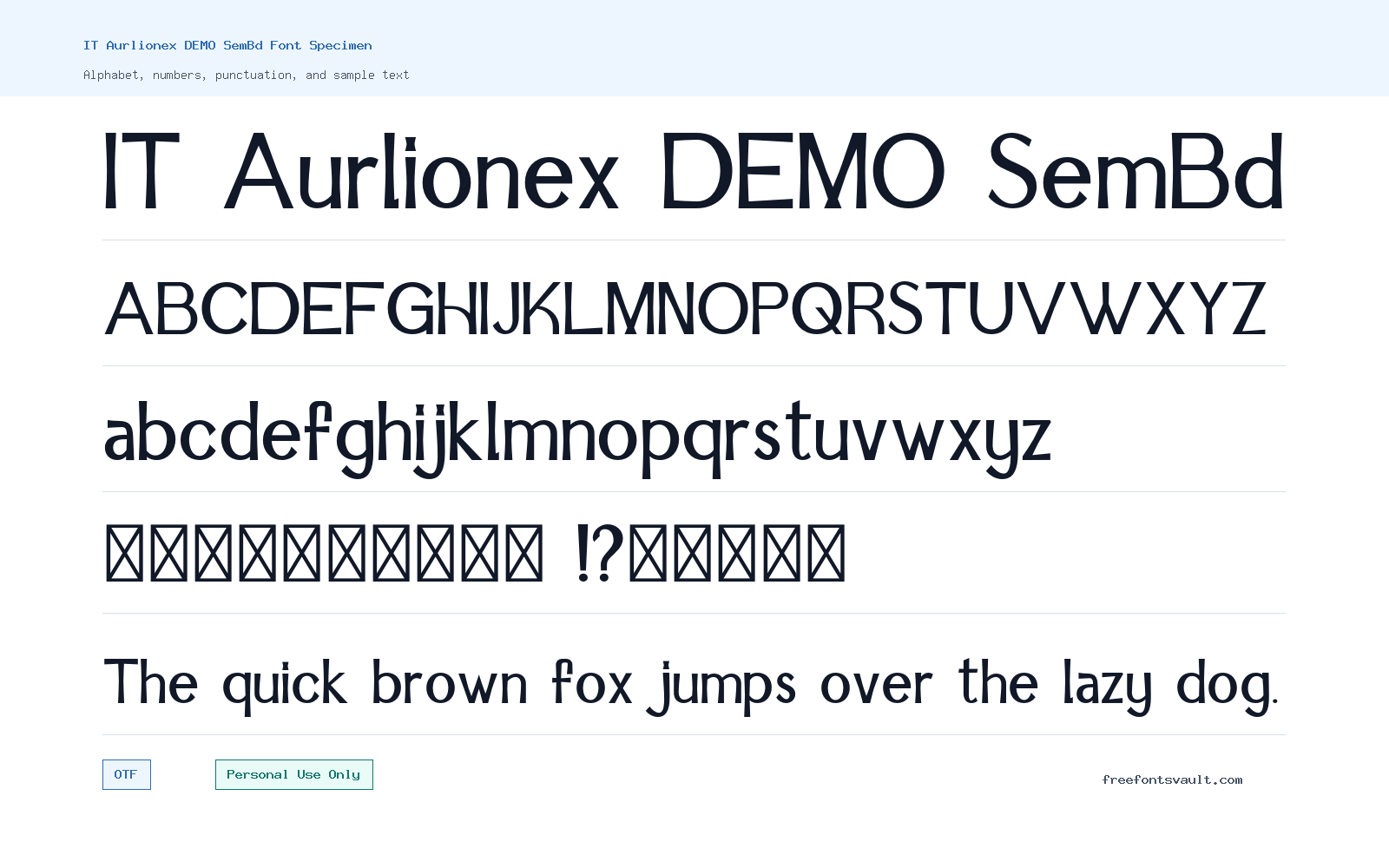 IT Aurlionex DEMO SemBd font specimen showing alphabet, numbers, and sample text