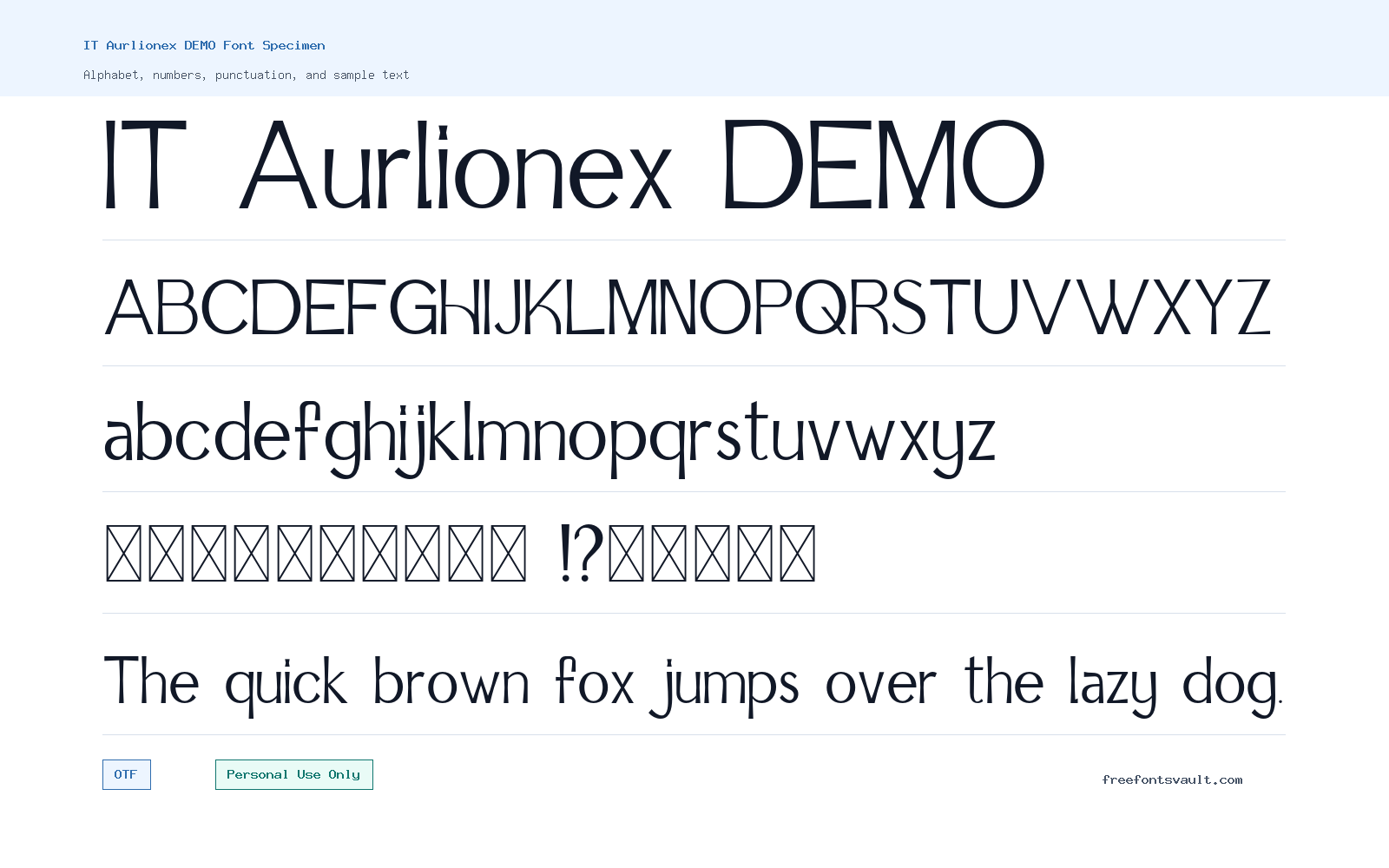 IT Aurlionex DEMO font specimen showing alphabet, numbers, and sample text