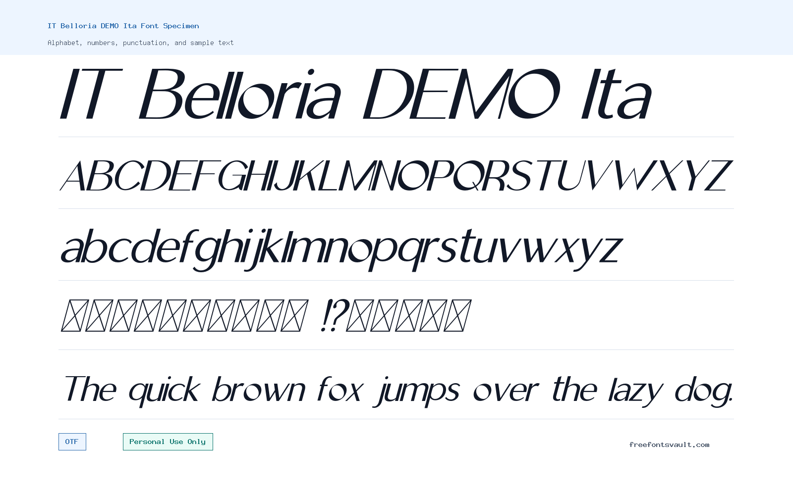 IT Belloria DEMO Ita font specimen showing alphabet, numbers, and sample text