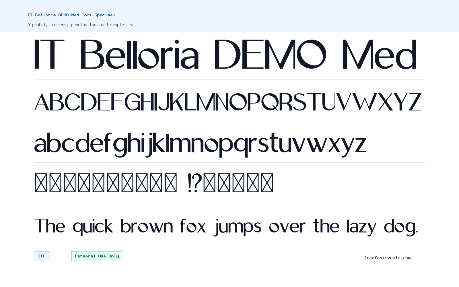 IT Belloria DEMO Med font specimen showing alphabet, numbers, and sample text