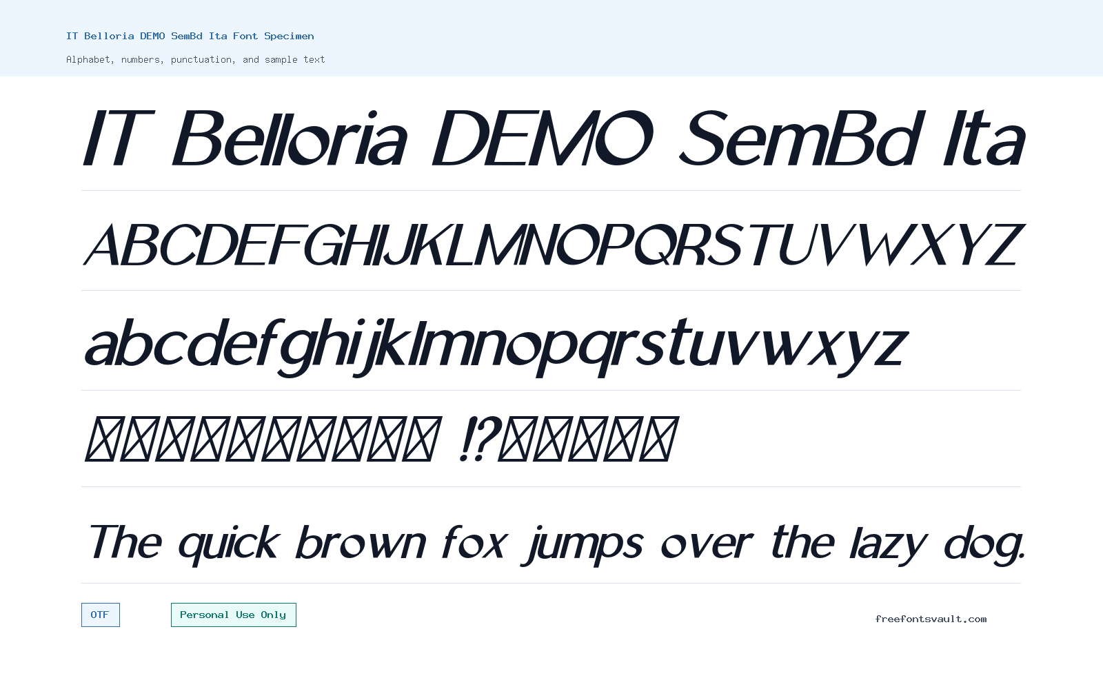 IT Belloria DEMO SemBd Ita font specimen showing alphabet, numbers, and sample text