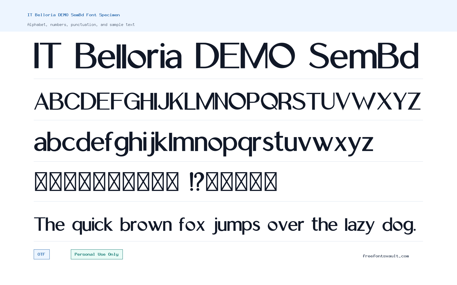 IT Belloria DEMO SemBd font specimen showing alphabet, numbers, and sample text