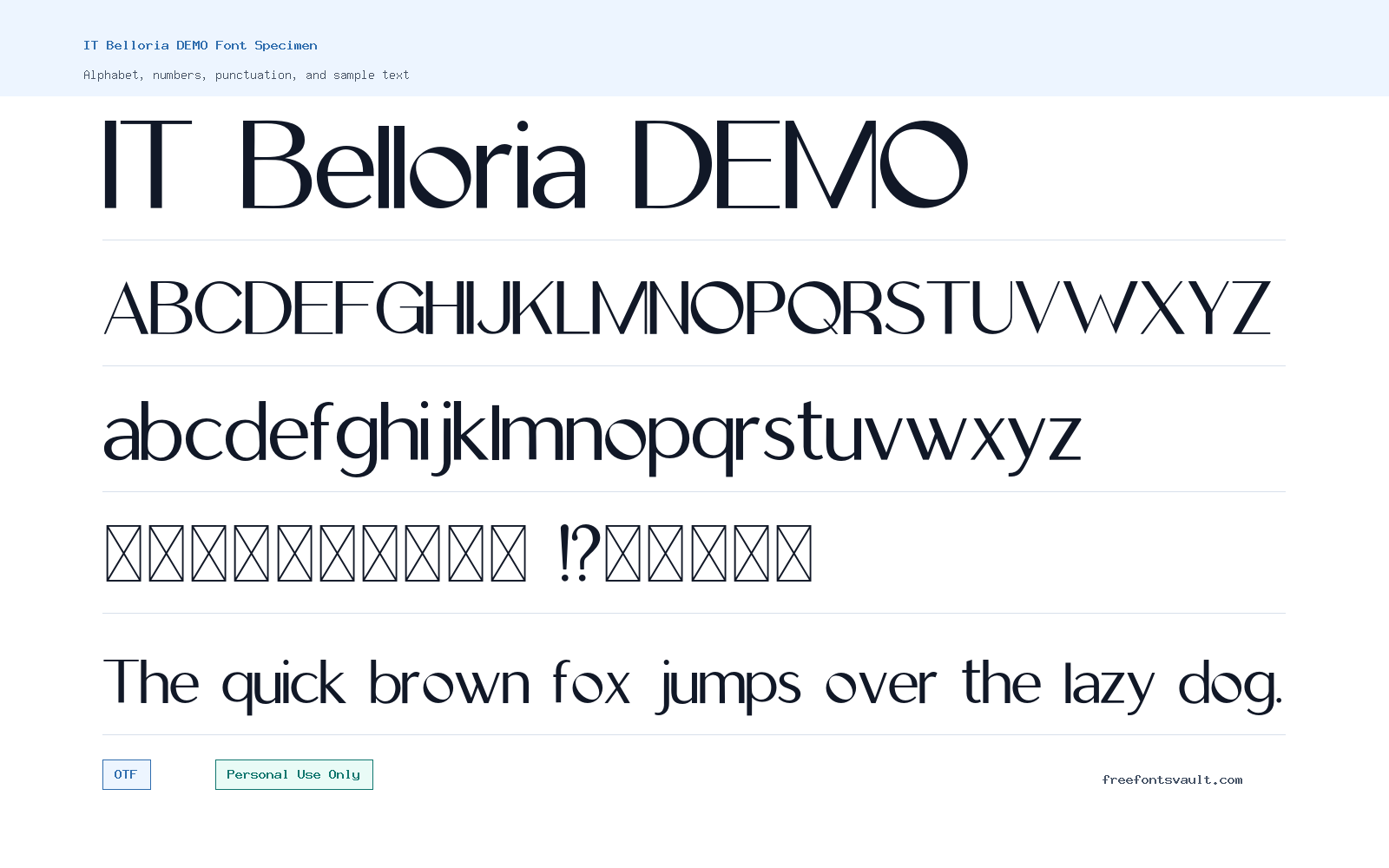 IT Belloria DEMO font specimen showing alphabet, numbers, and sample text