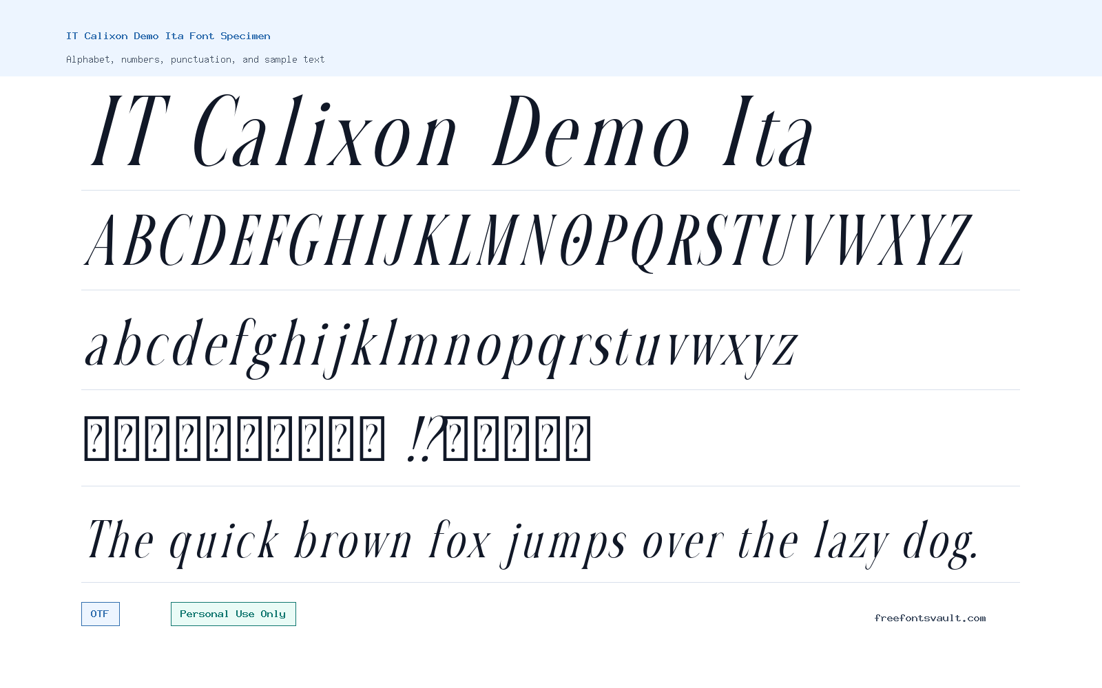 IT Calixon Demo Ita font specimen showing alphabet, numbers, and sample text