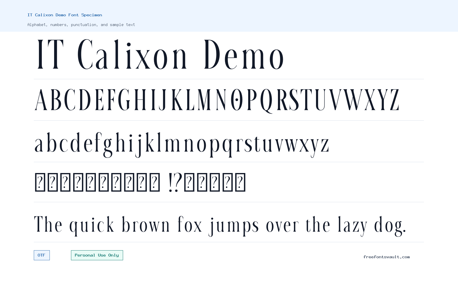 IT Calixon Demo font specimen showing alphabet, numbers, and sample text