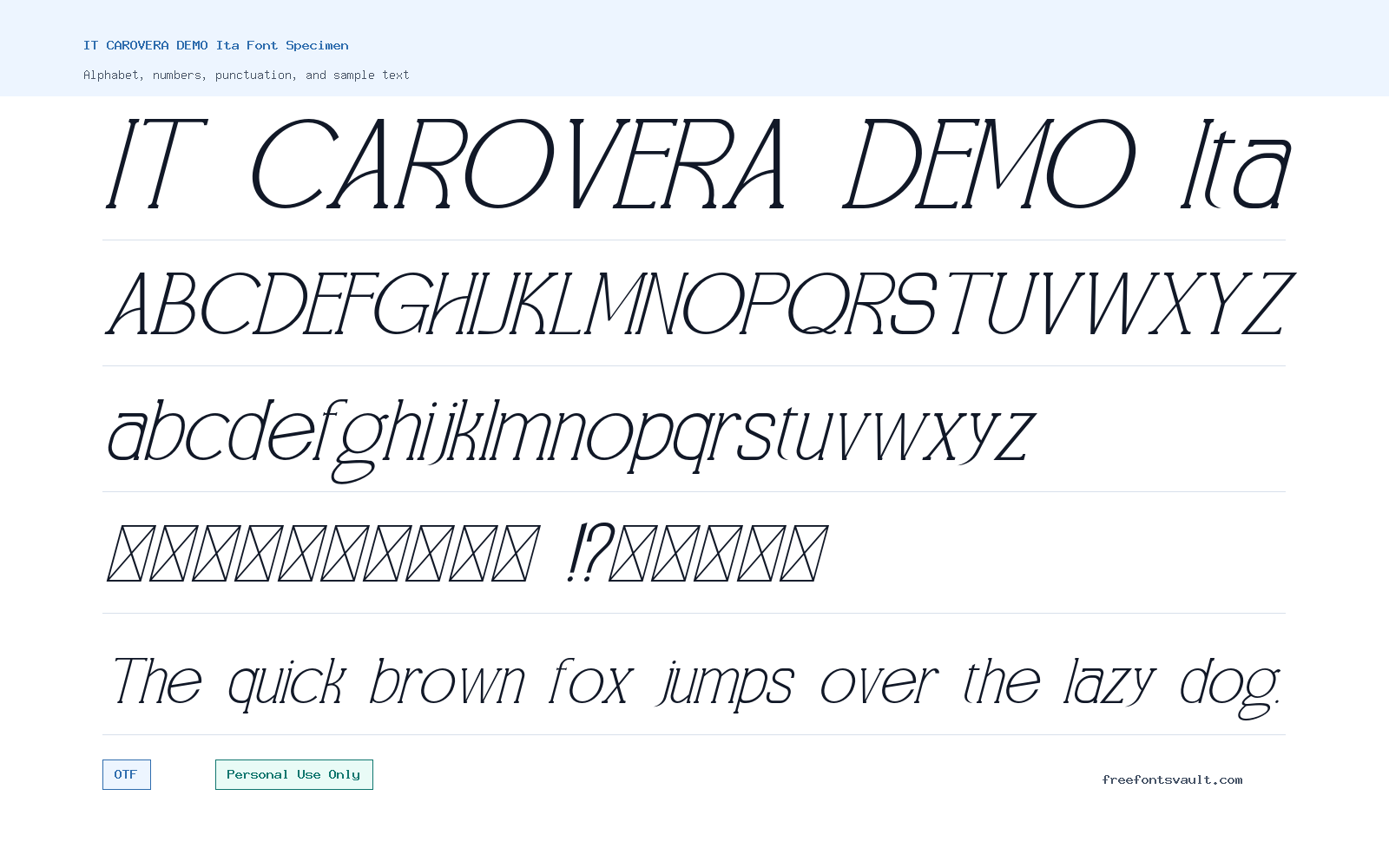 IT CAROVERA DEMO Ita font specimen showing alphabet, numbers, and sample text