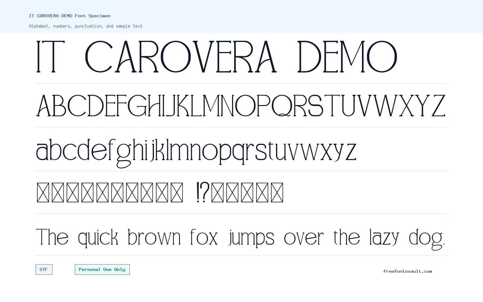 IT CAROVERA DEMO font specimen showing alphabet, numbers, and sample text