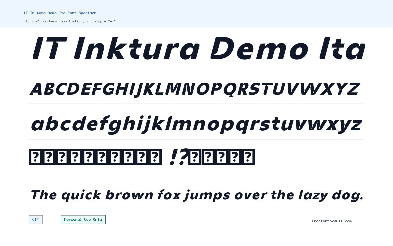 IT Inktura Demo Ita font specimen showing alphabet, numbers, and sample text