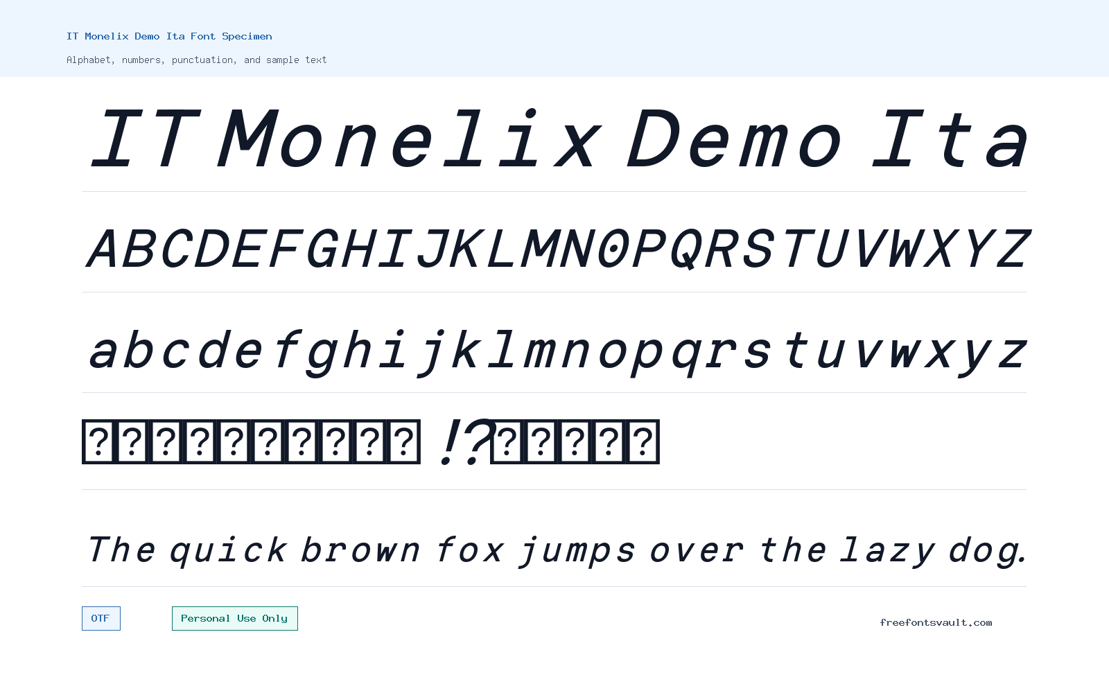 IT Monelix Demo Ita font specimen showing alphabet, numbers, and sample text