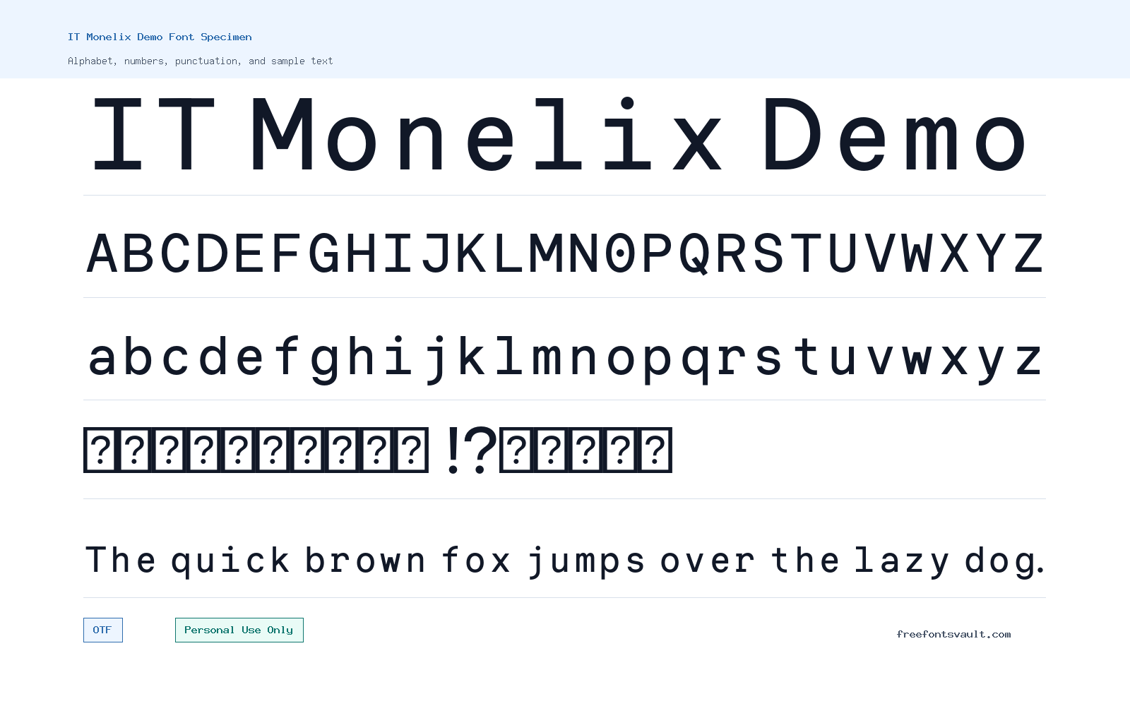 IT Monelix Demo font specimen showing alphabet, numbers, and sample text