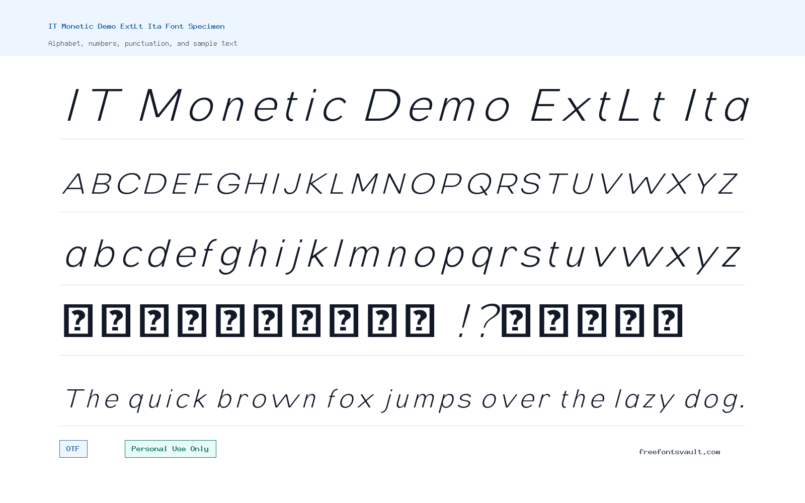IT Monetic Demo ExtLt Ita font specimen showing alphabet, numbers, and sample text