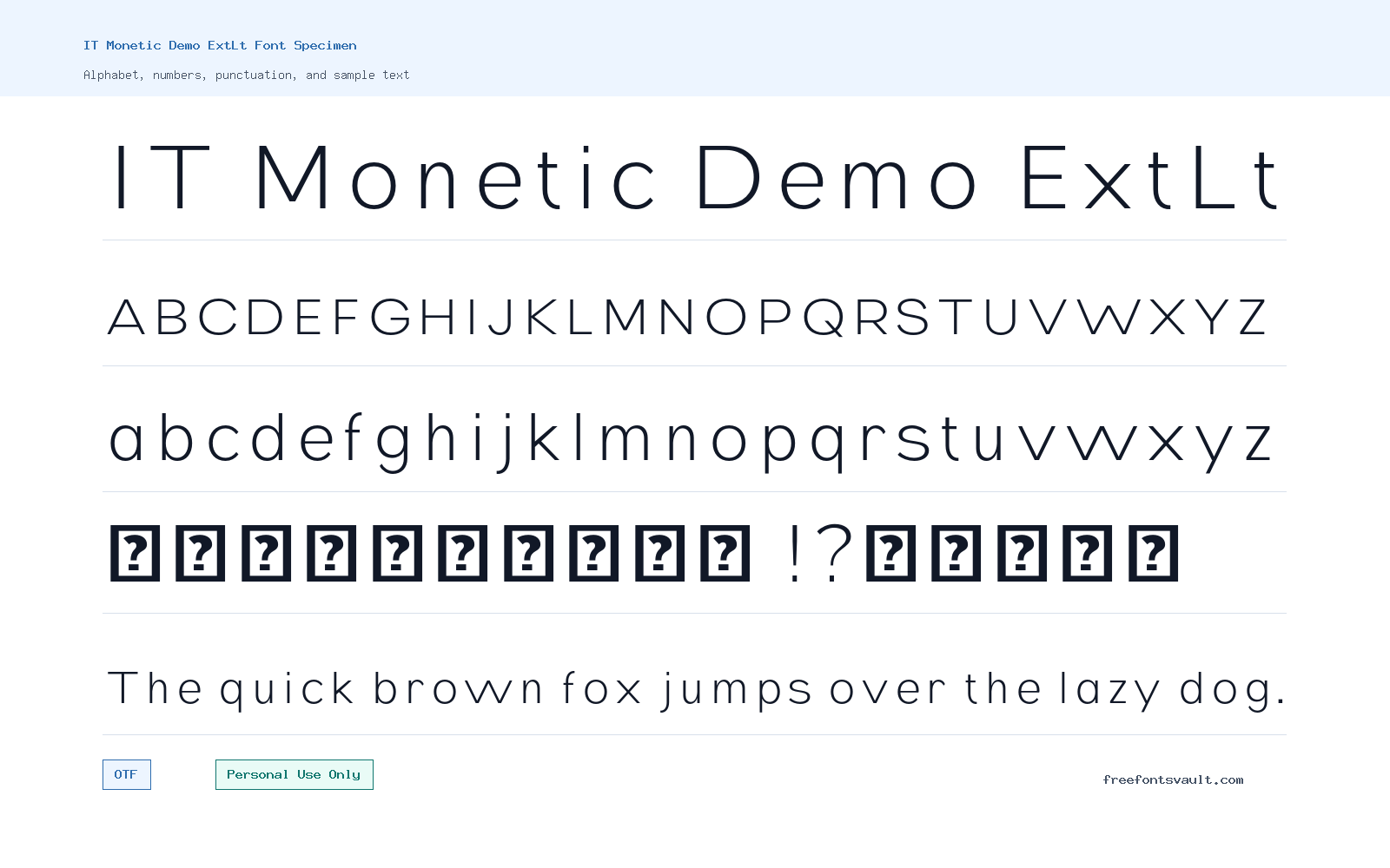 IT Monetic Demo ExtLt font specimen showing alphabet, numbers, and sample text