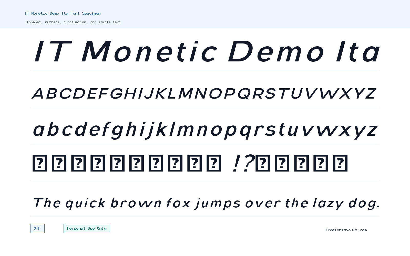 IT Monetic Demo Ita font specimen showing alphabet, numbers, and sample text