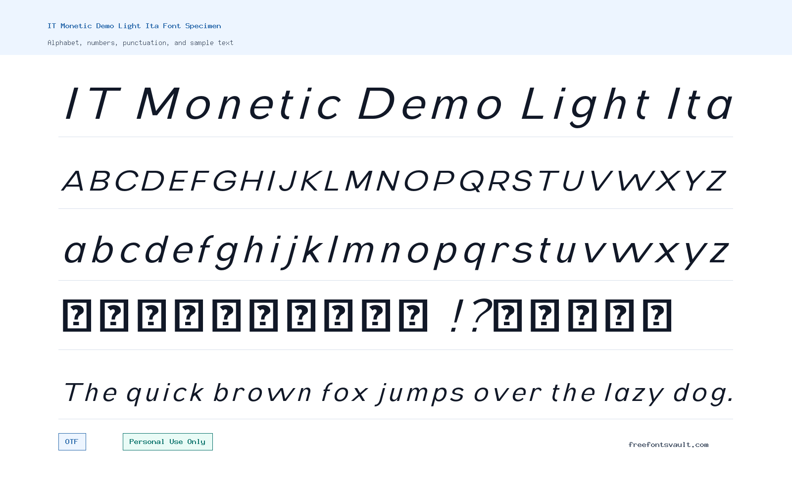 IT Monetic Demo Light Ita font specimen showing alphabet, numbers, and sample text