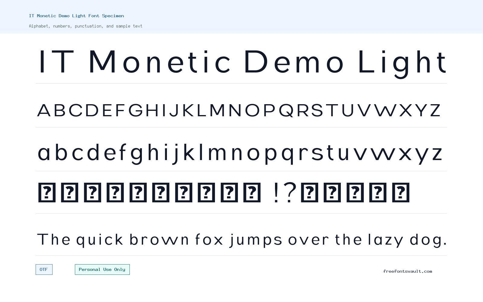 IT Monetic Demo Light font specimen showing alphabet, numbers, and sample text