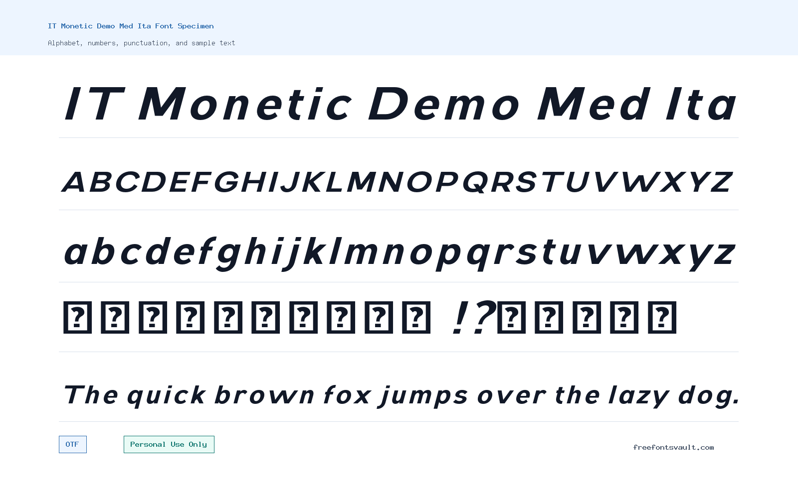 IT Monetic Demo Med Ita font specimen showing alphabet, numbers, and sample text