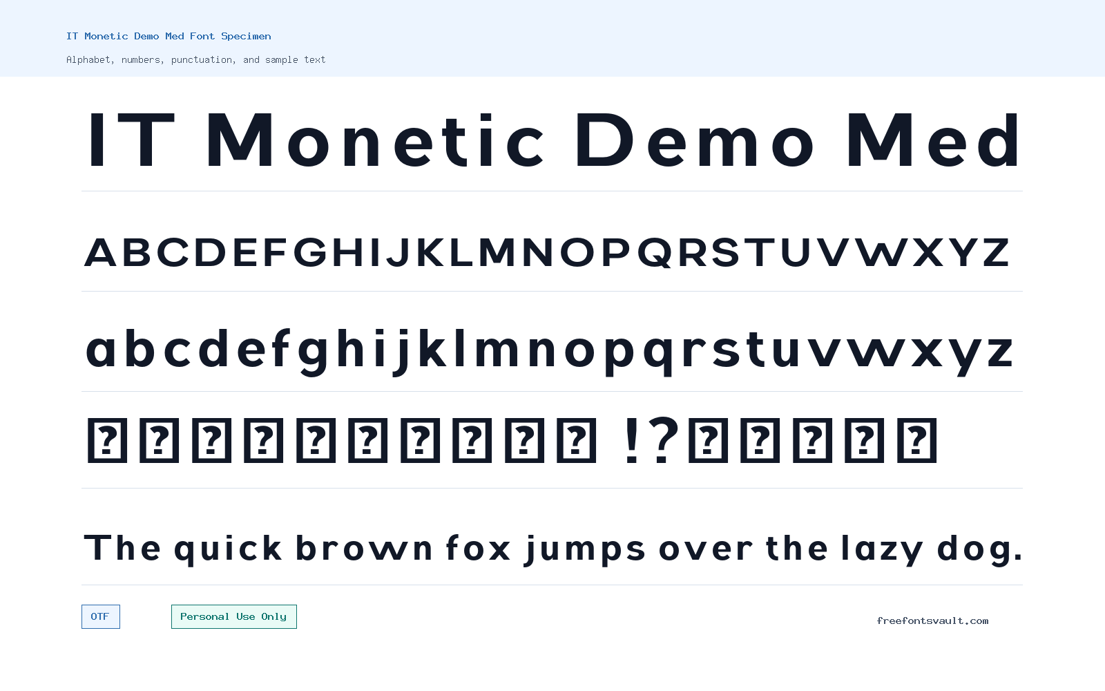 IT Monetic Demo Med font specimen showing alphabet, numbers, and sample text