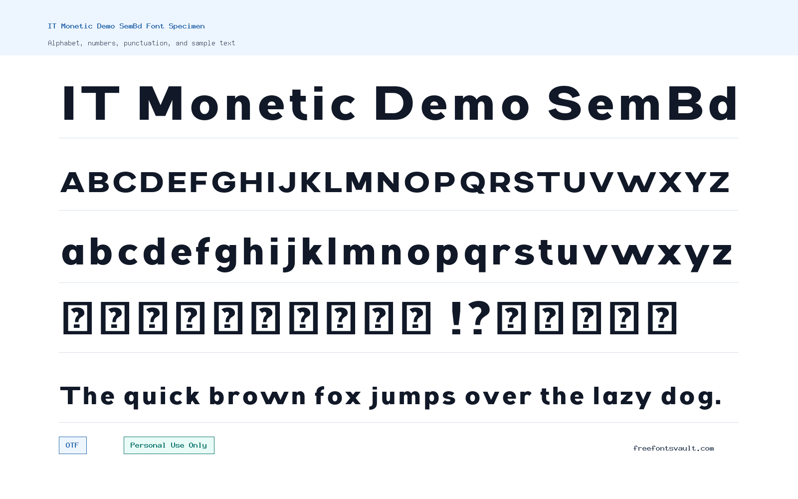 IT Monetic Demo SemBd font specimen showing alphabet, numbers, and sample text