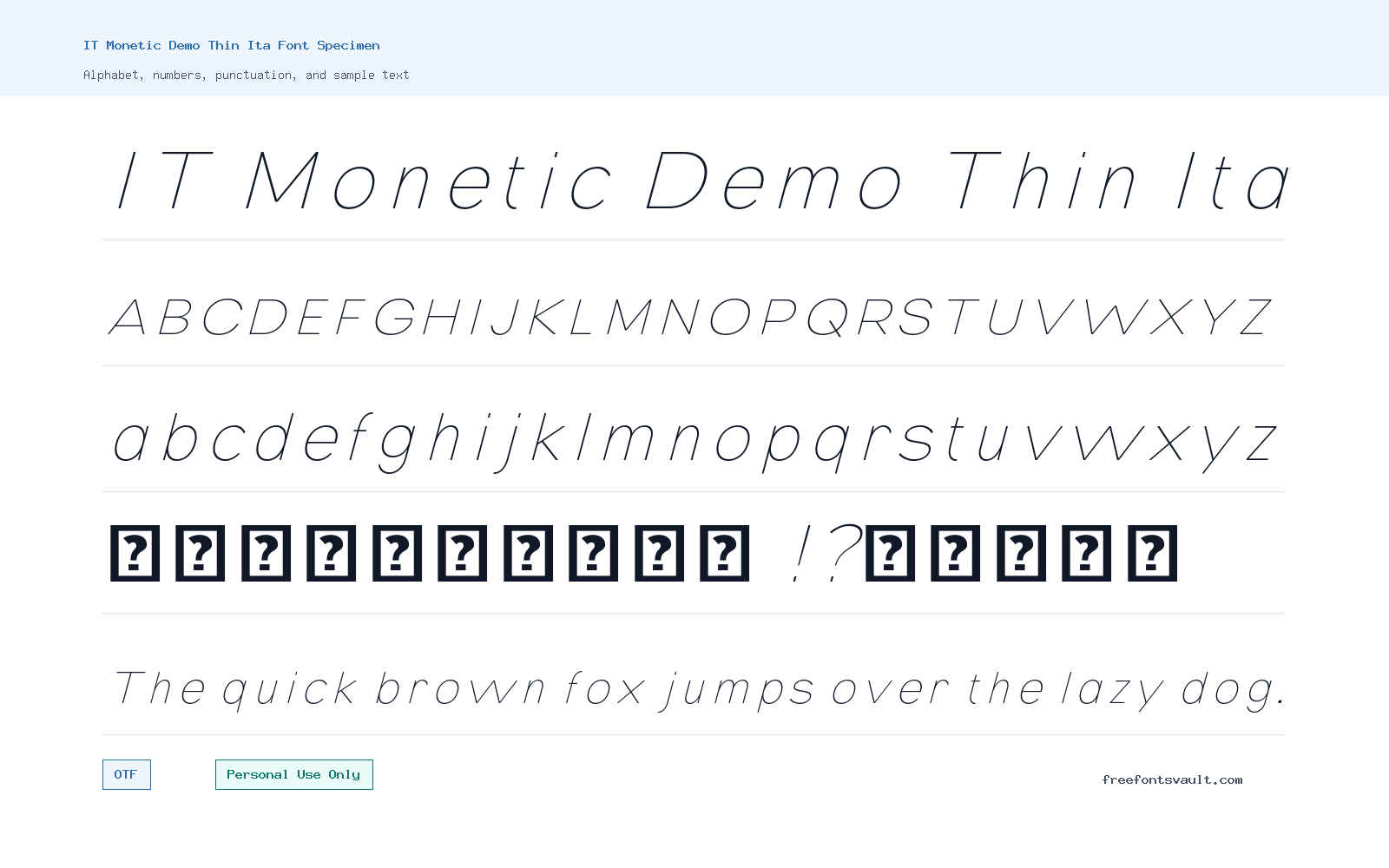 IT Monetic Demo Thin Ita font specimen showing alphabet, numbers, and sample text