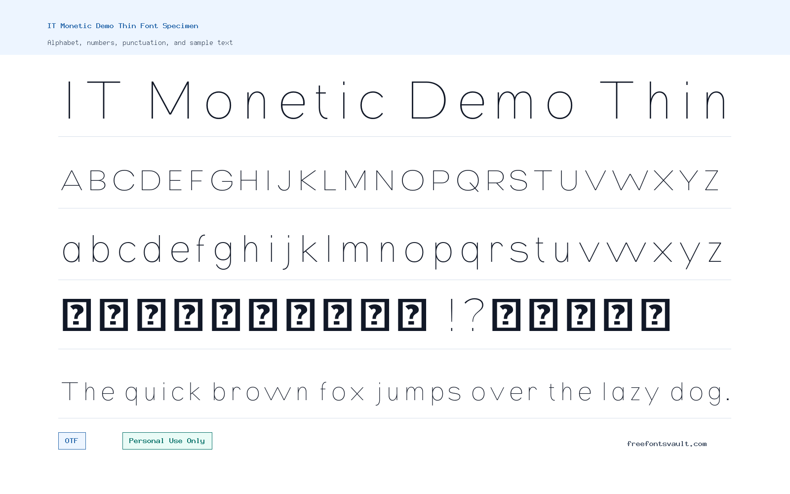 IT Monetic Demo Thin font specimen showing alphabet, numbers, and sample text
