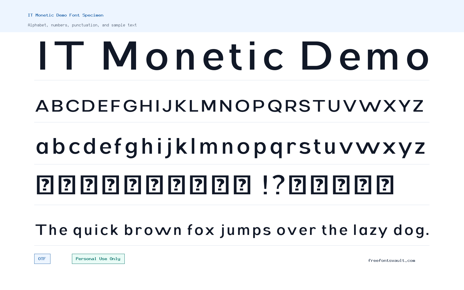 IT Monetic Demo font specimen showing alphabet, numbers, and sample text