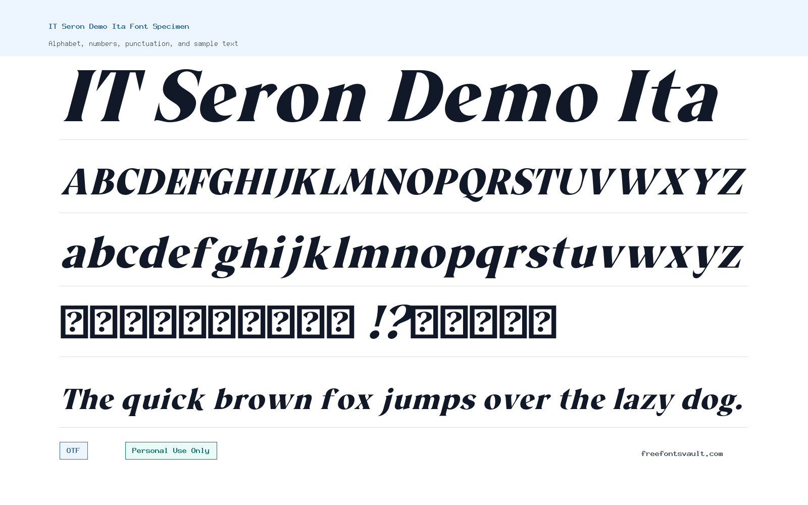 IT Seron Demo Ita font specimen showing alphabet, numbers, and sample text