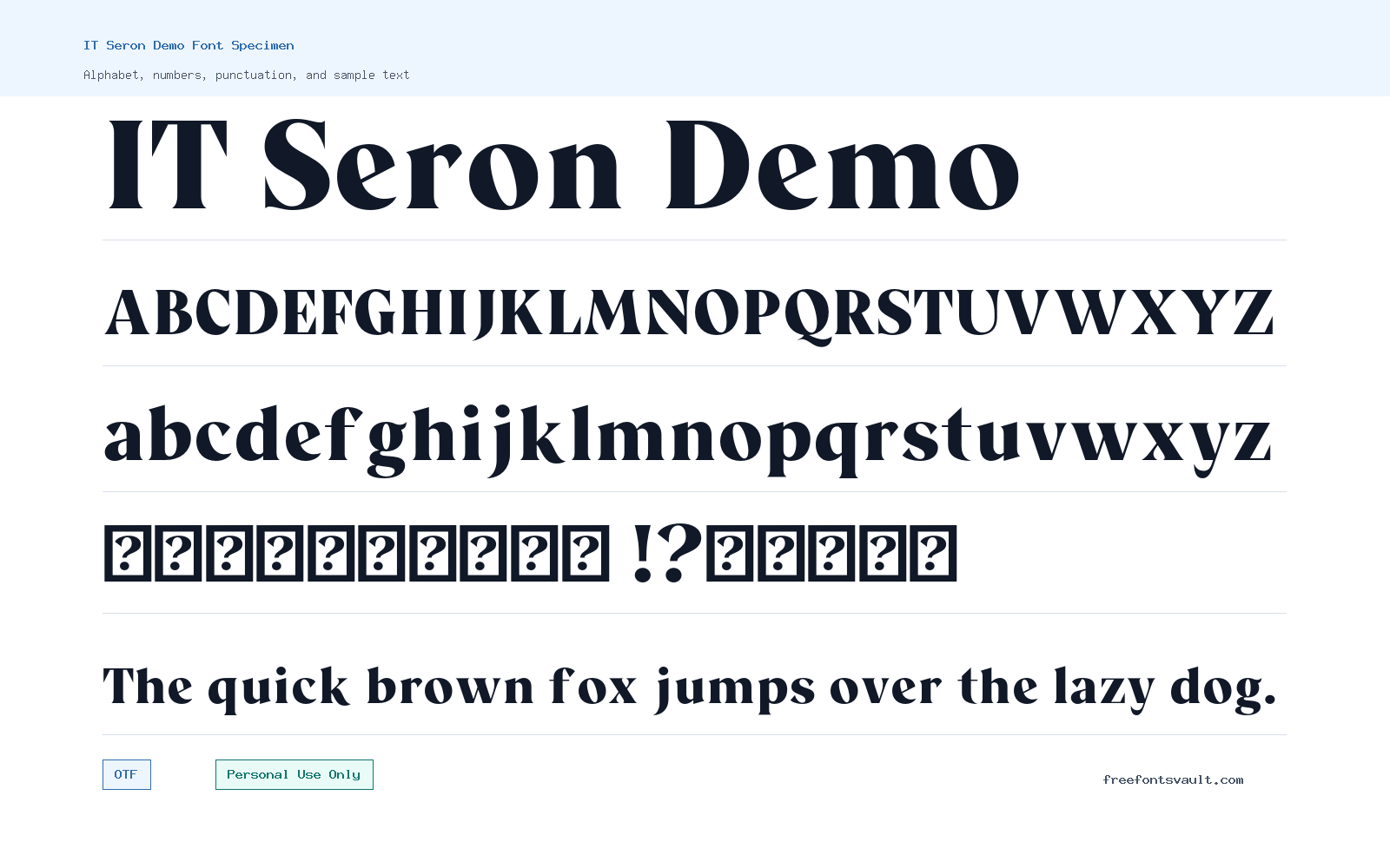 IT Seron Demo font specimen showing alphabet, numbers, and sample text
