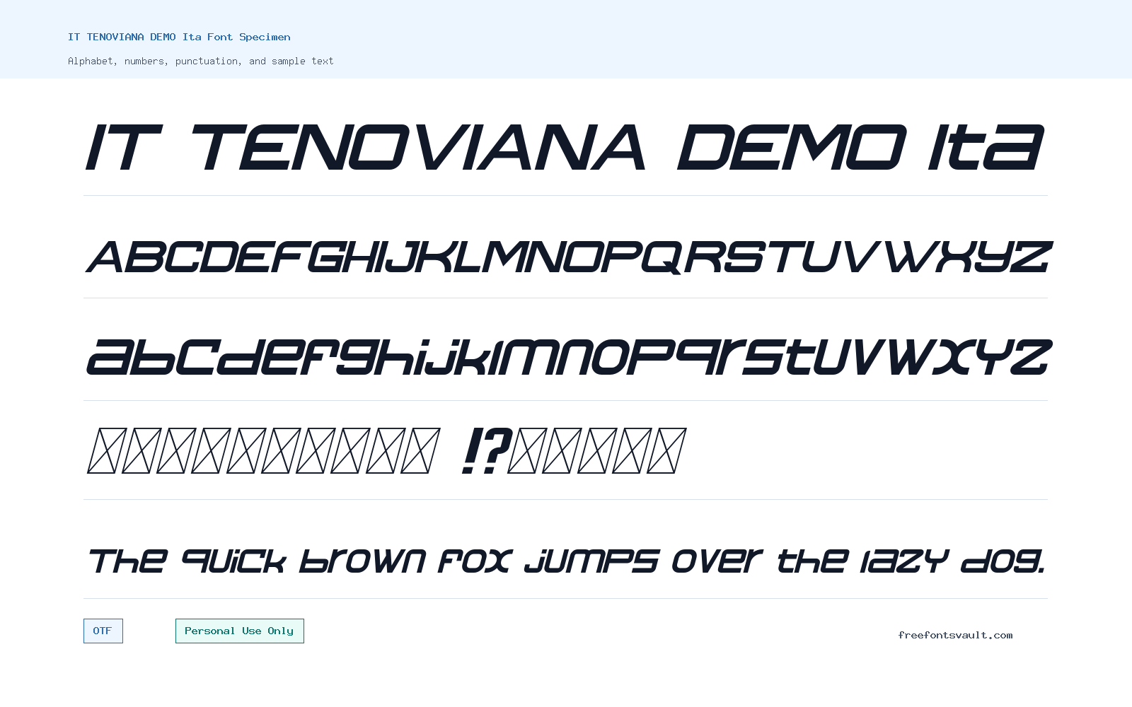 IT TENOVIANA DEMO Ita font specimen showing alphabet, numbers, and sample text