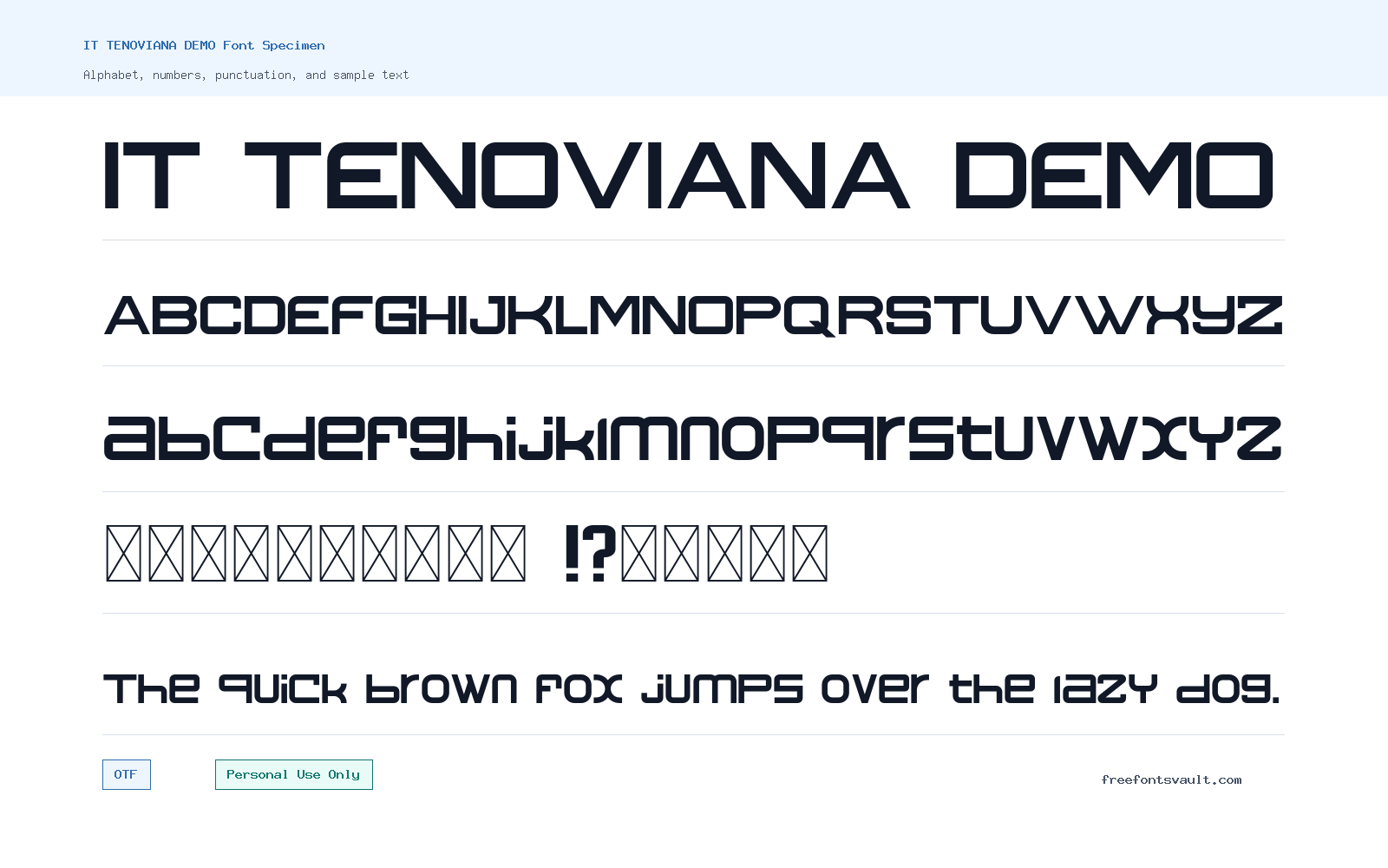 IT TENOVIANA DEMO font specimen showing alphabet, numbers, and sample text