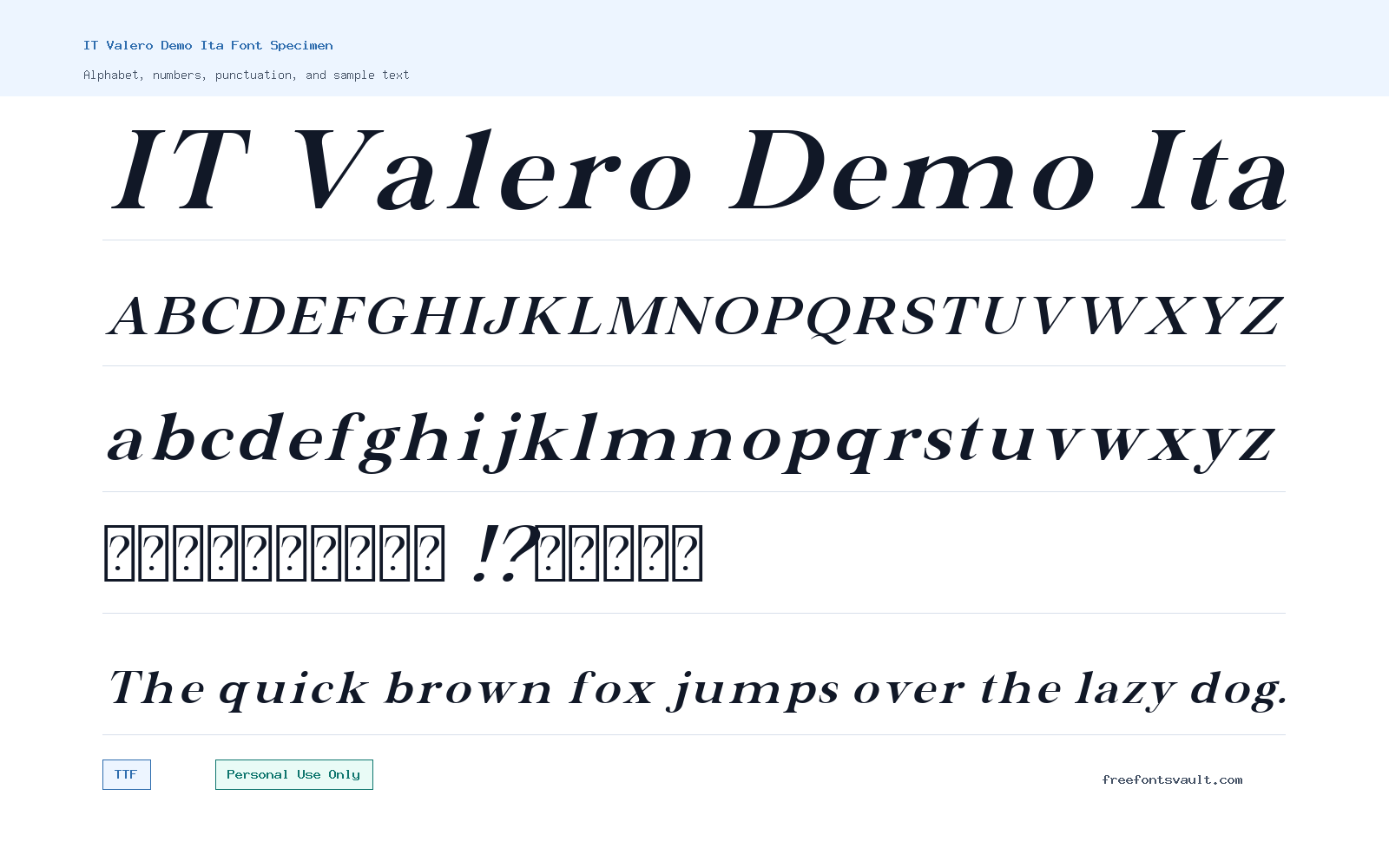 IT Valero Demo Ita font specimen showing alphabet, numbers, and sample text