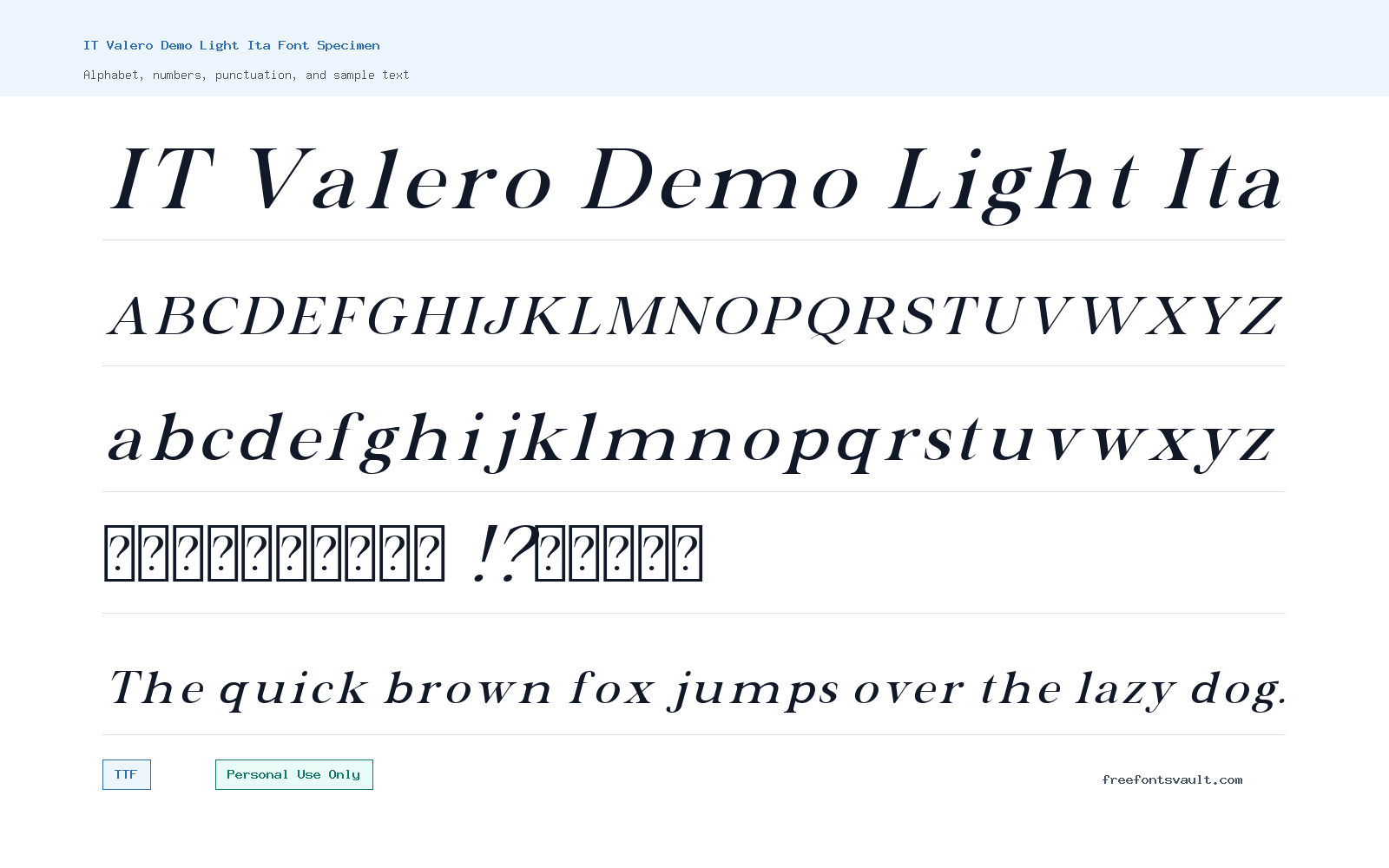 IT Valero Demo Light Ita font specimen showing alphabet, numbers, and sample text