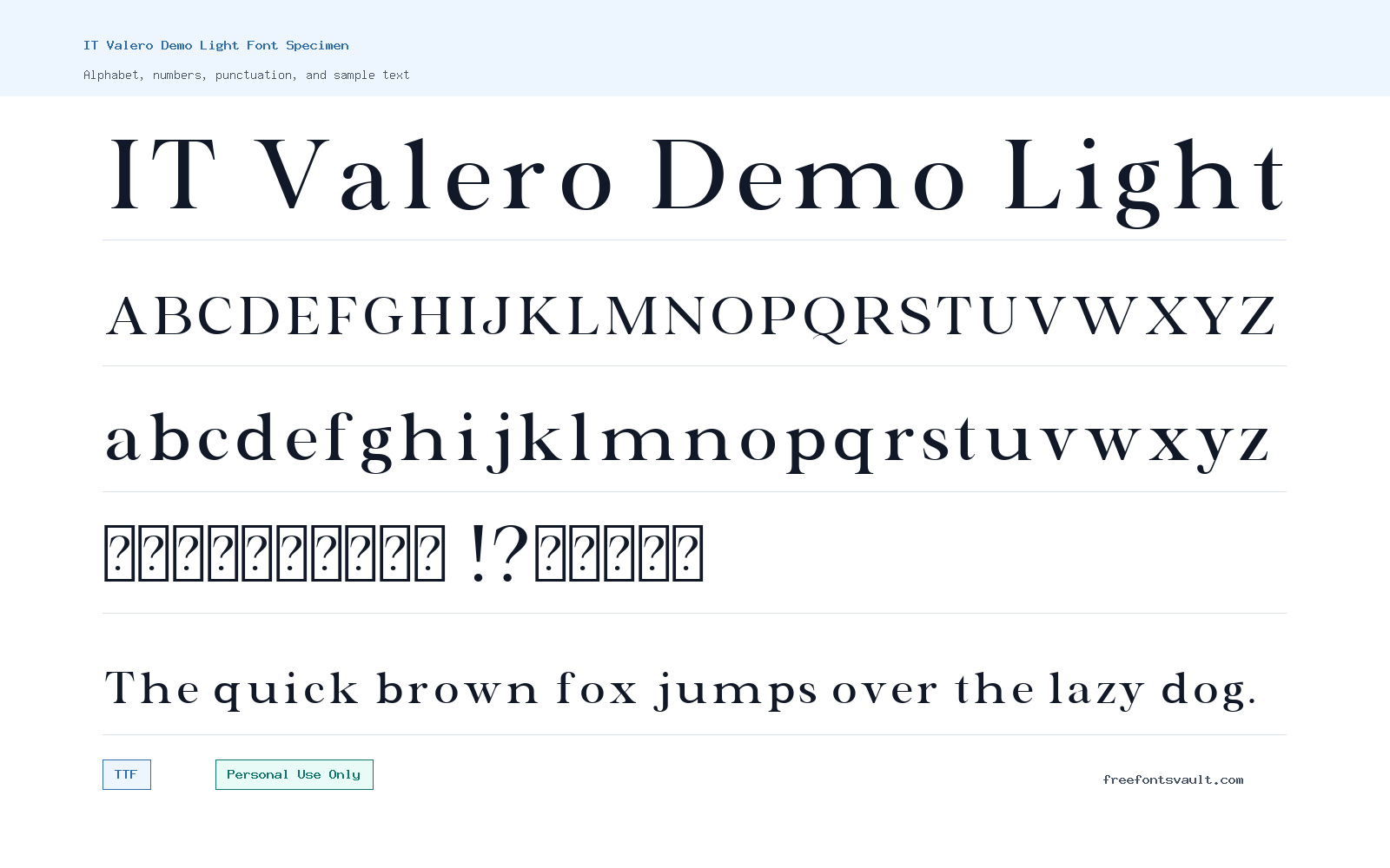 IT Valero Demo Light font specimen showing alphabet, numbers, and sample text