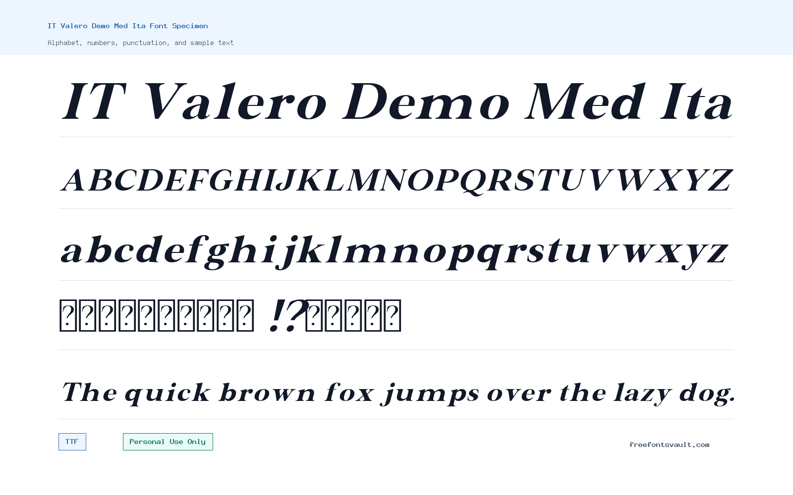IT Valero Demo Med Ita font specimen showing alphabet, numbers, and sample text