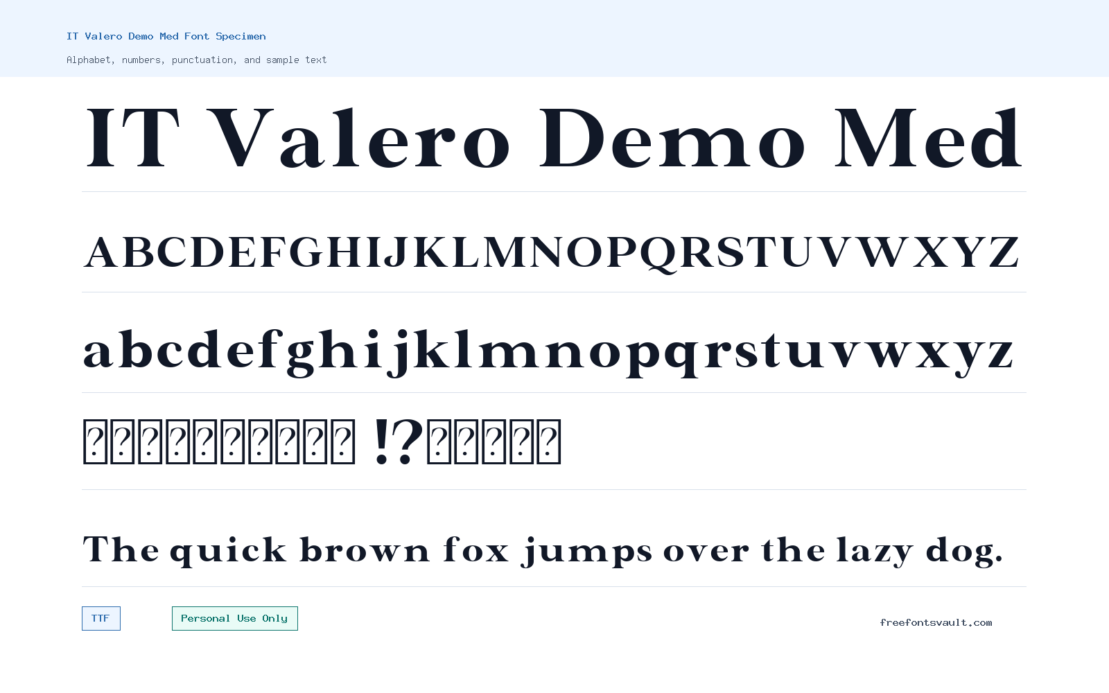 IT Valero Demo Med font specimen showing alphabet, numbers, and sample text