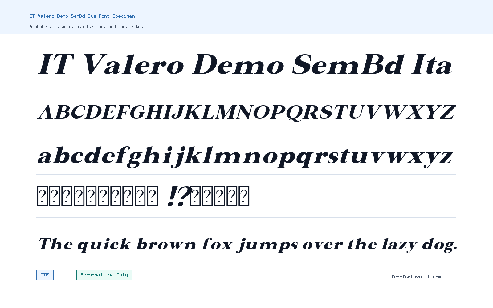 IT Valero Demo SemBd Ita font specimen showing alphabet, numbers, and sample text