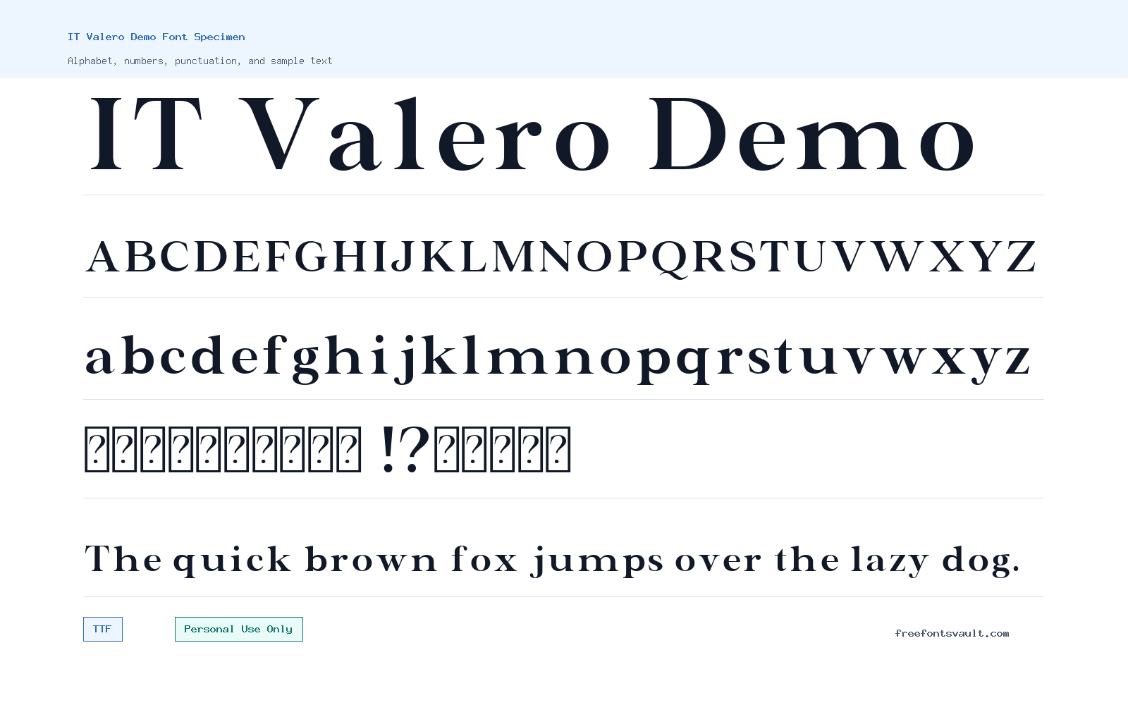 IT Valero Demo font specimen showing alphabet, numbers, and sample text