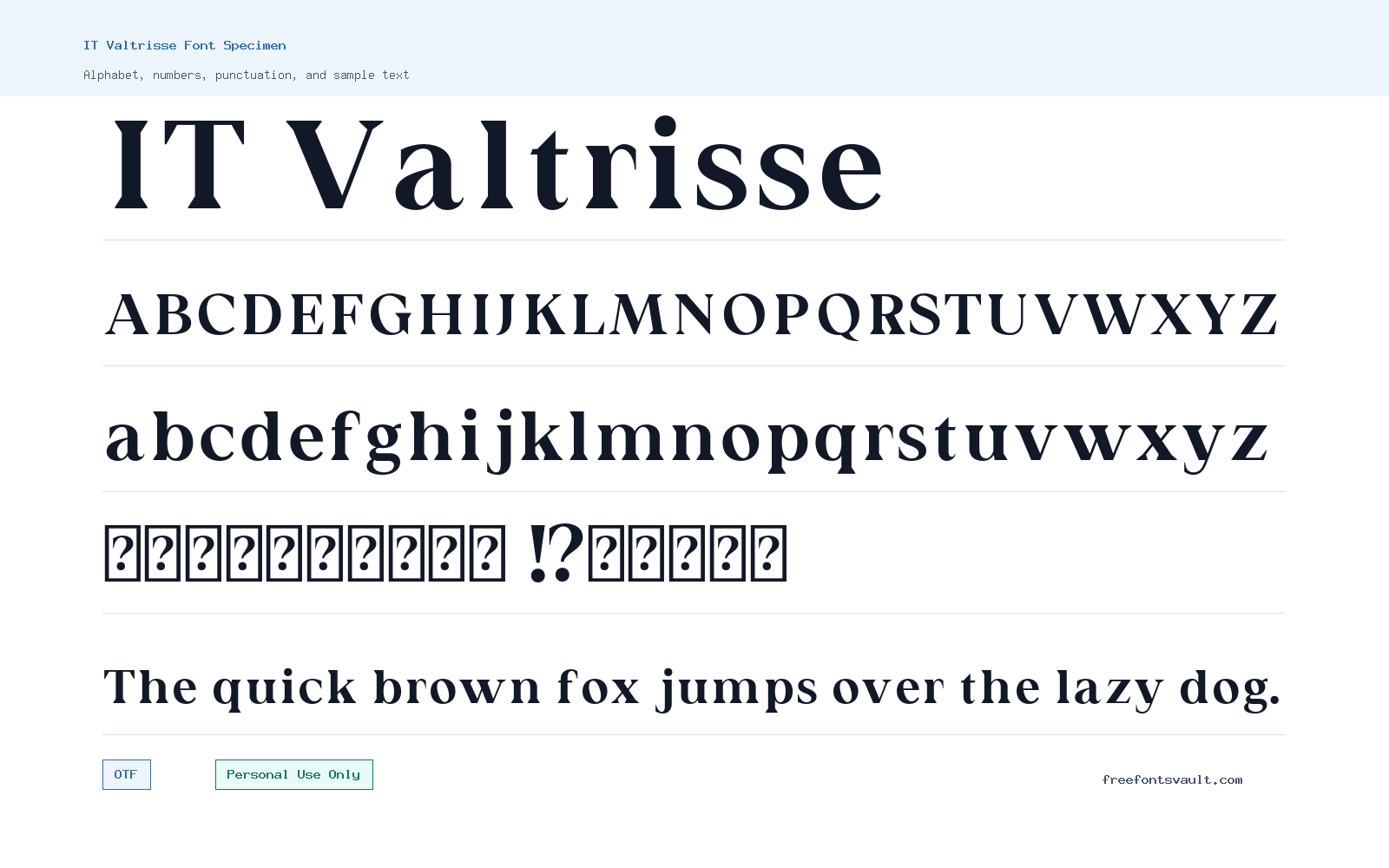 IT Valtrisse font specimen showing alphabet, numbers, and sample text