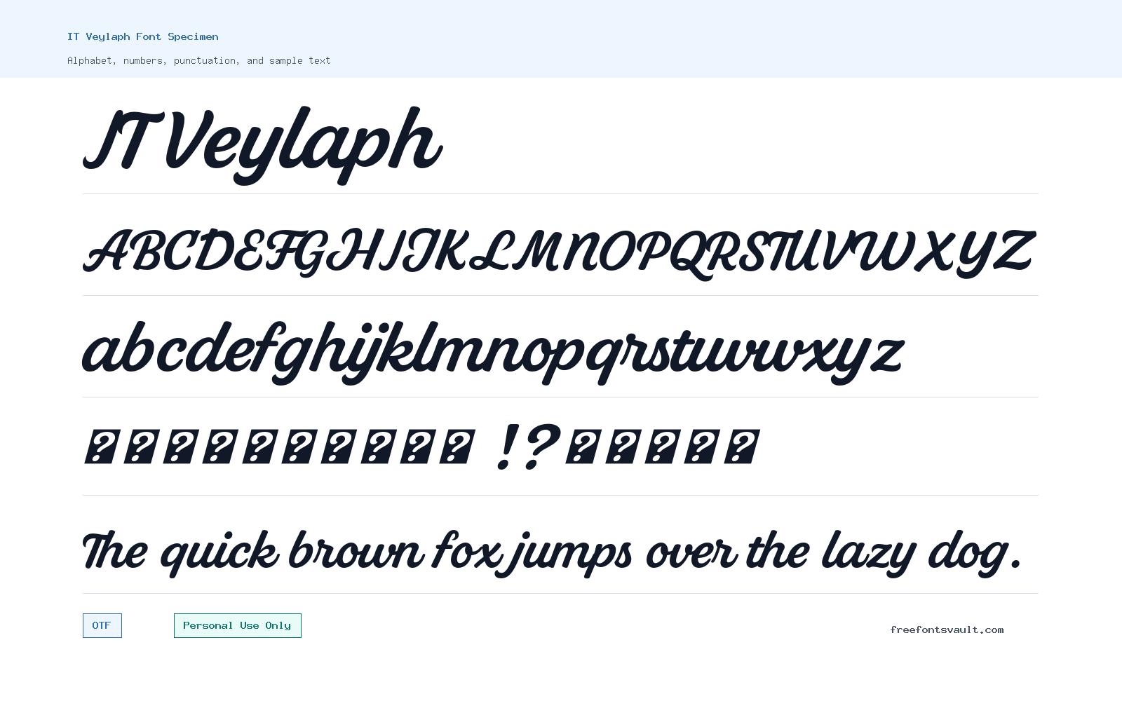 IT Veylaph font specimen showing alphabet, numbers, and sample text