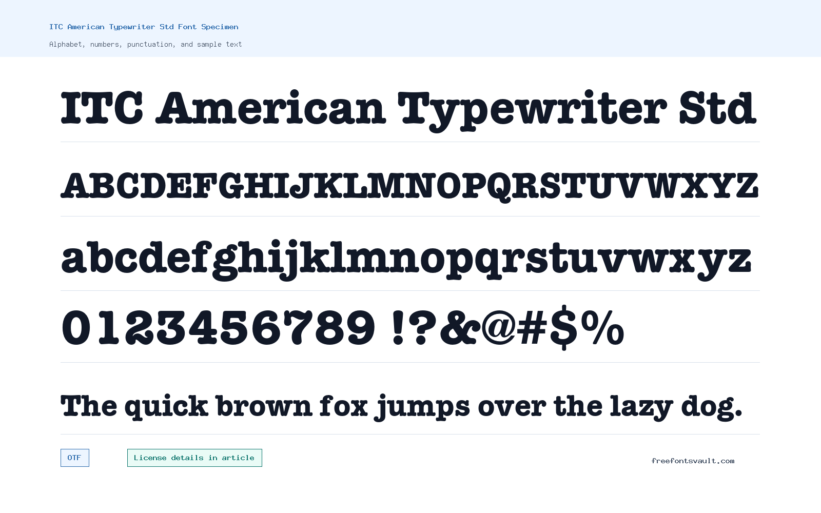 ITC American Typewriter Std font specimen showing alphabet, numbers, and sample text