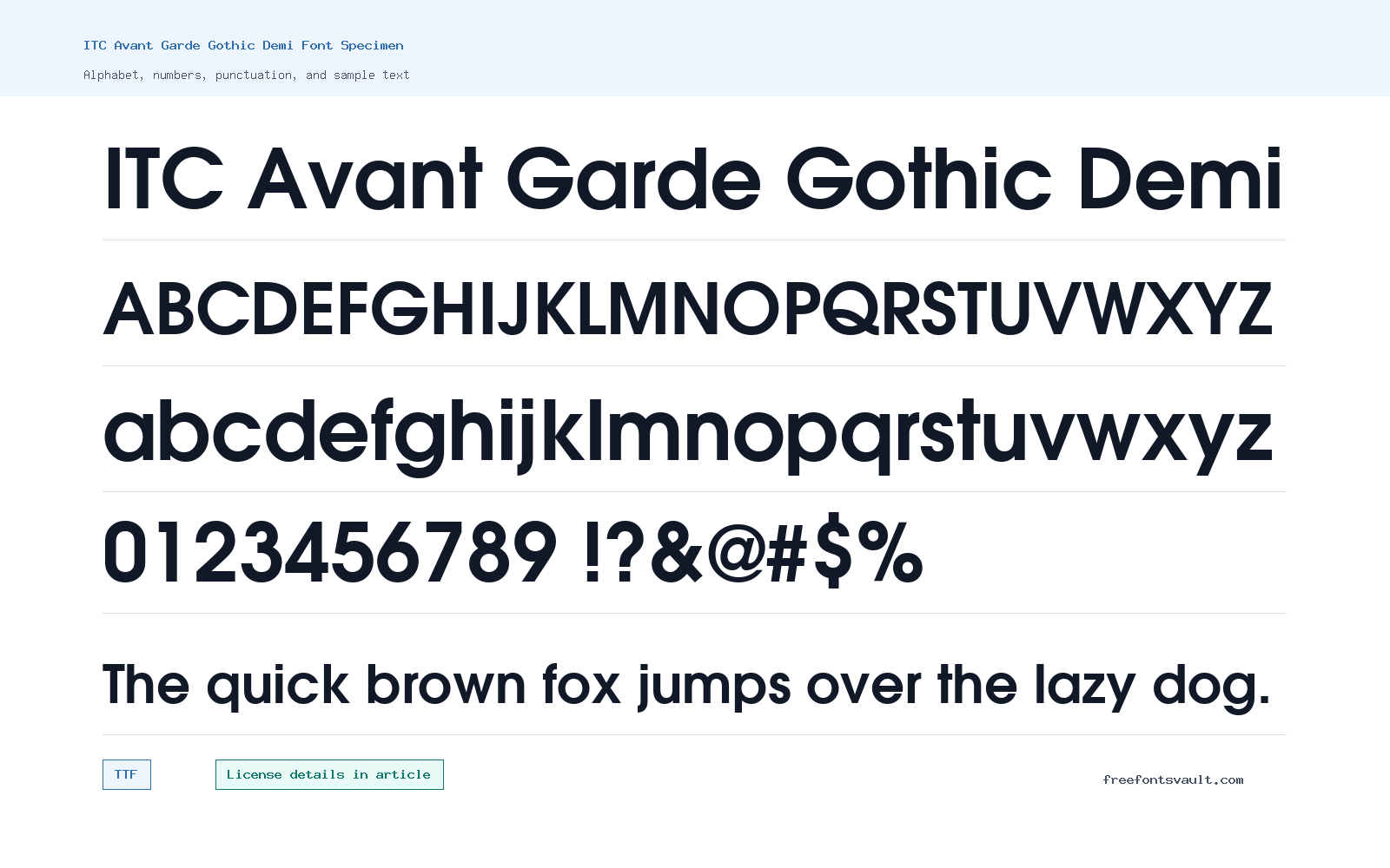ITC Avant Garde Gothic Demi font specimen showing alphabet, numbers, and sample text