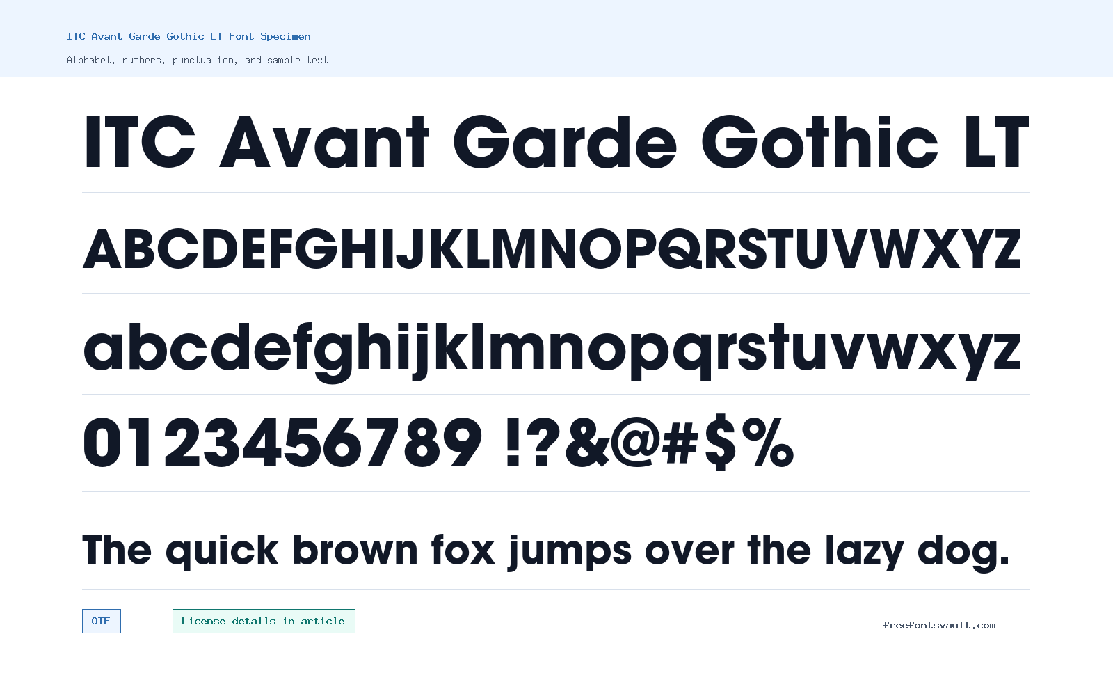 ITC Avant Garde Gothic LT font specimen showing alphabet, numbers, and sample text
