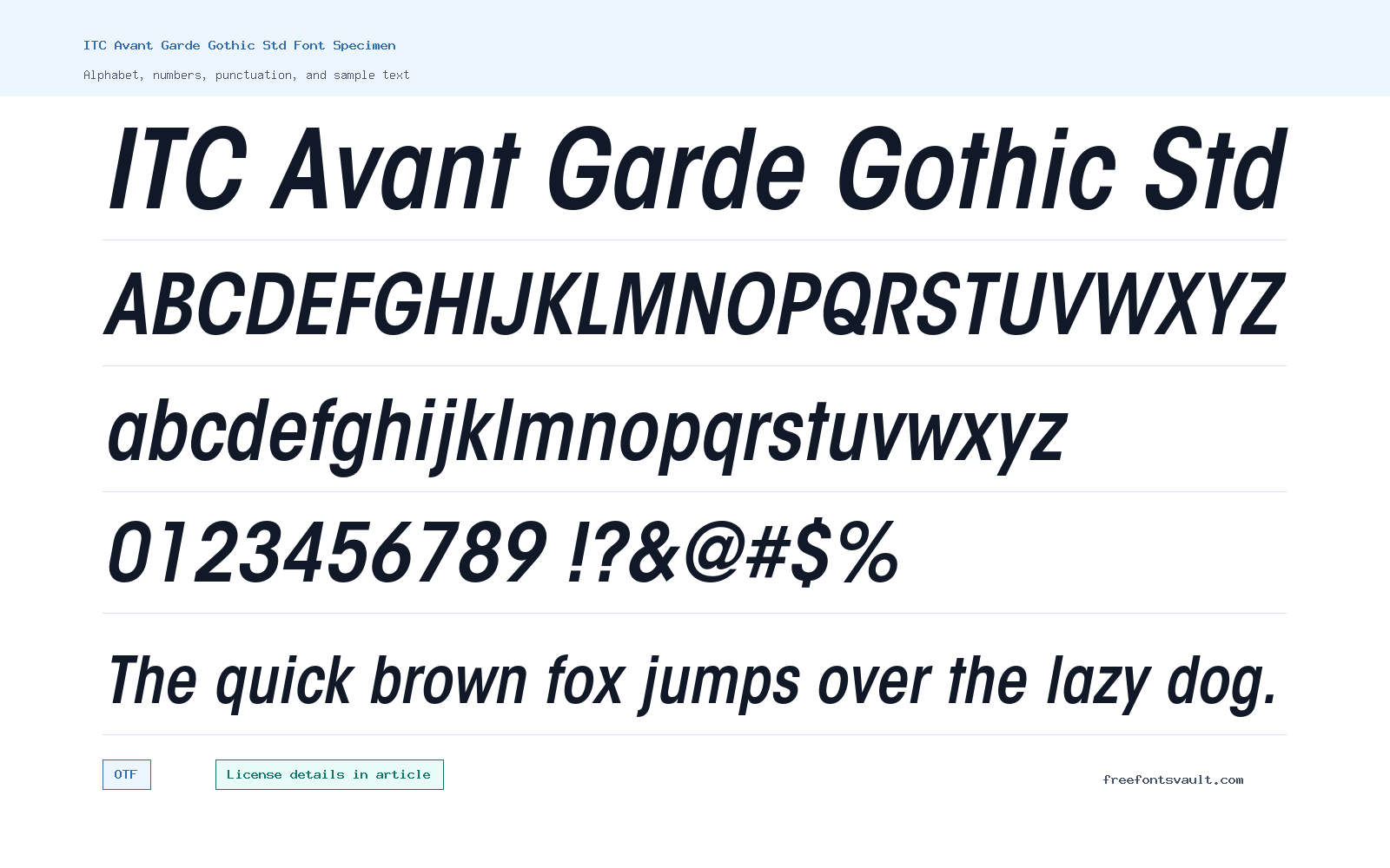 ITC Avant Garde Gothic Std font specimen showing alphabet, numbers, and sample text