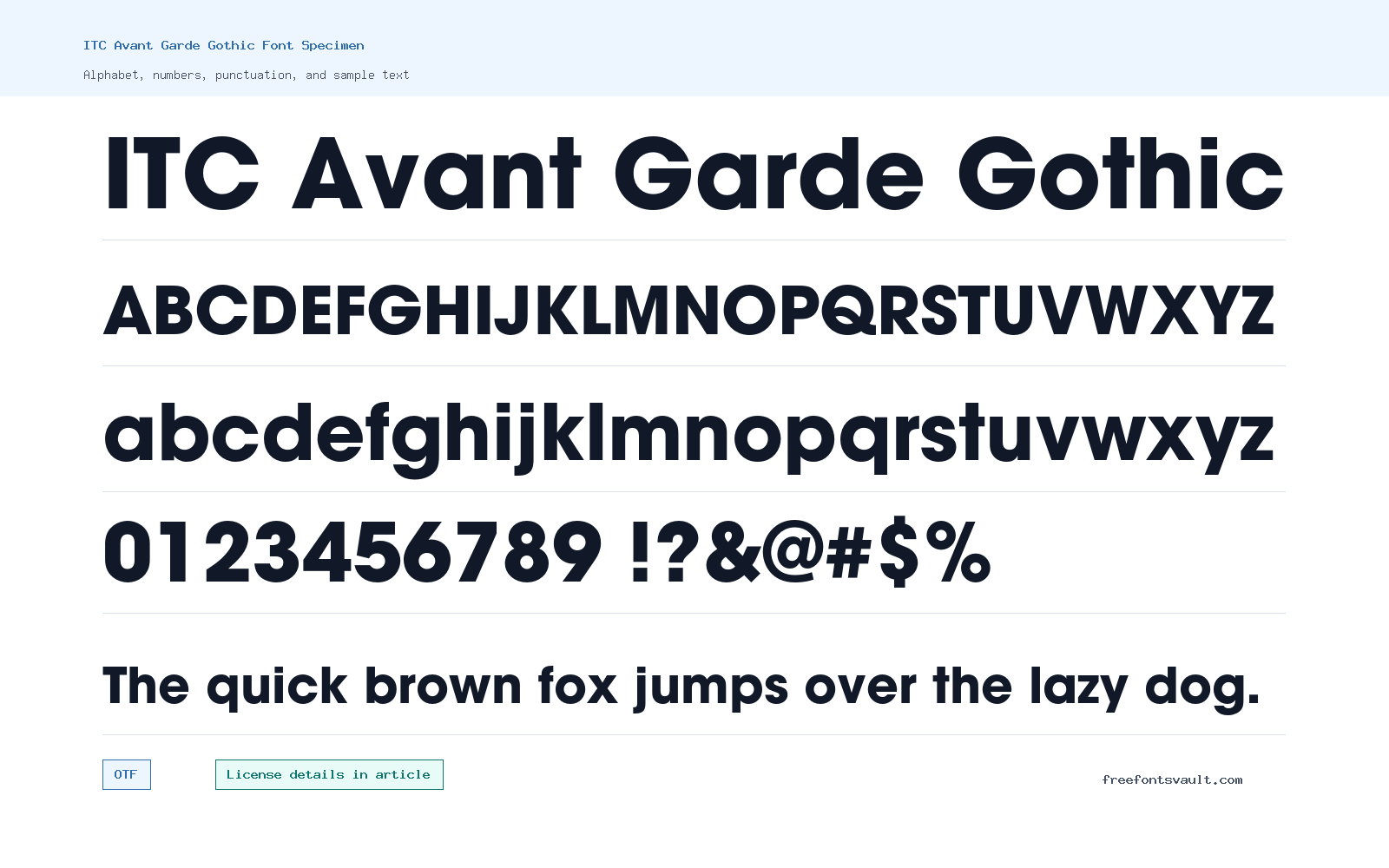 ITC Avant Garde Gothic font specimen showing alphabet, numbers, and sample text
