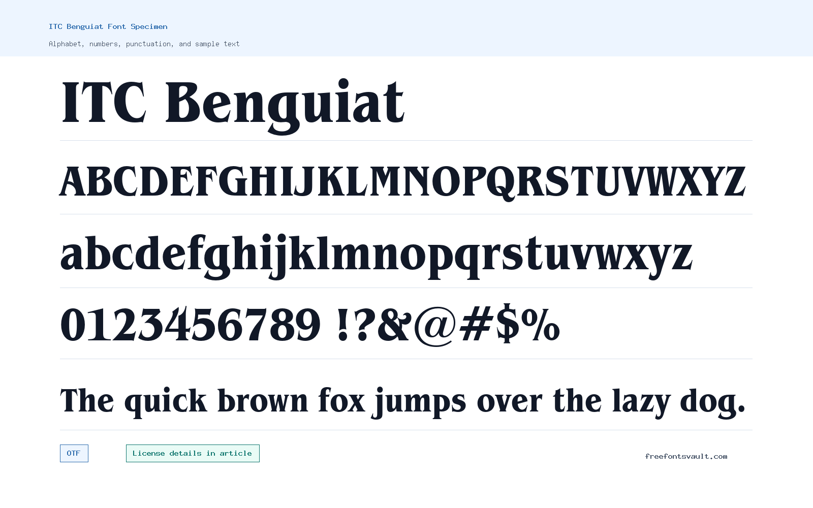 ITC Benguiat font specimen showing alphabet, numbers, and sample text