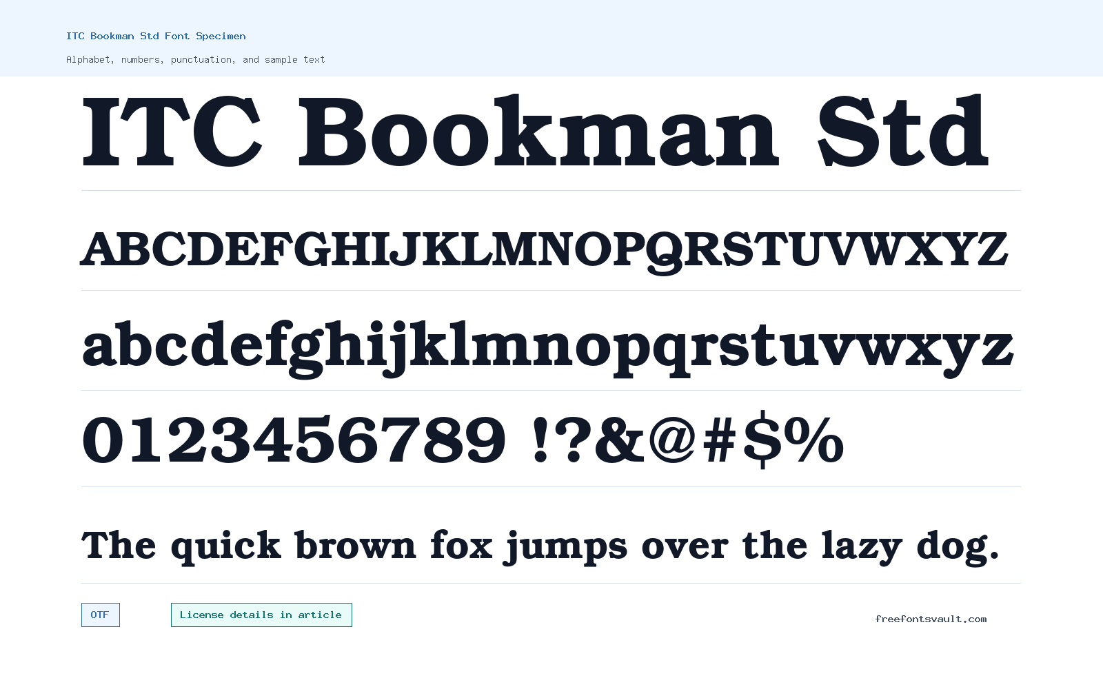 ITC Bookman Std font specimen showing alphabet, numbers, and sample text